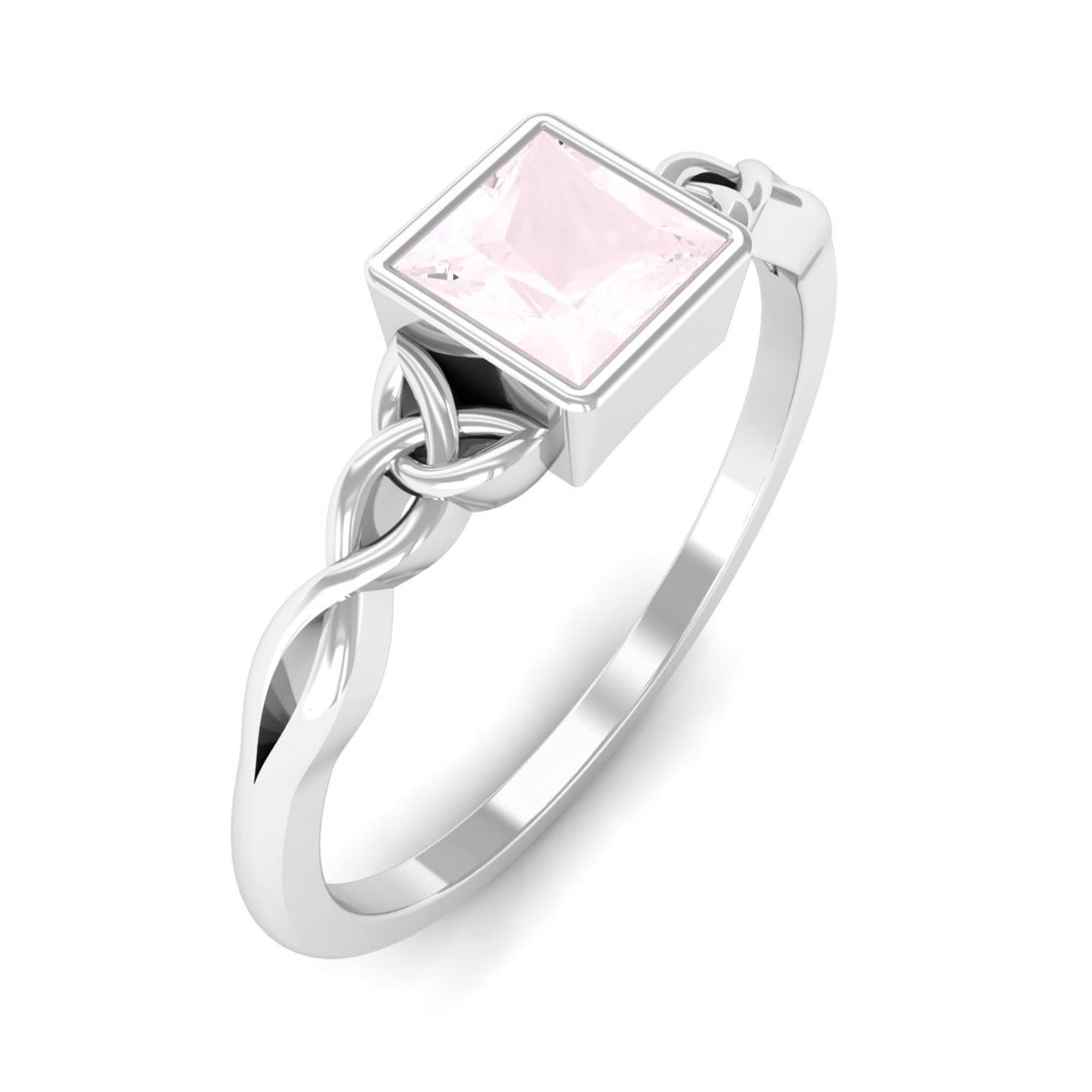 Rosec Jewels-5 MM Princess Cut Rose Quartz Solitaire Celtic Ring in Bezel Setting