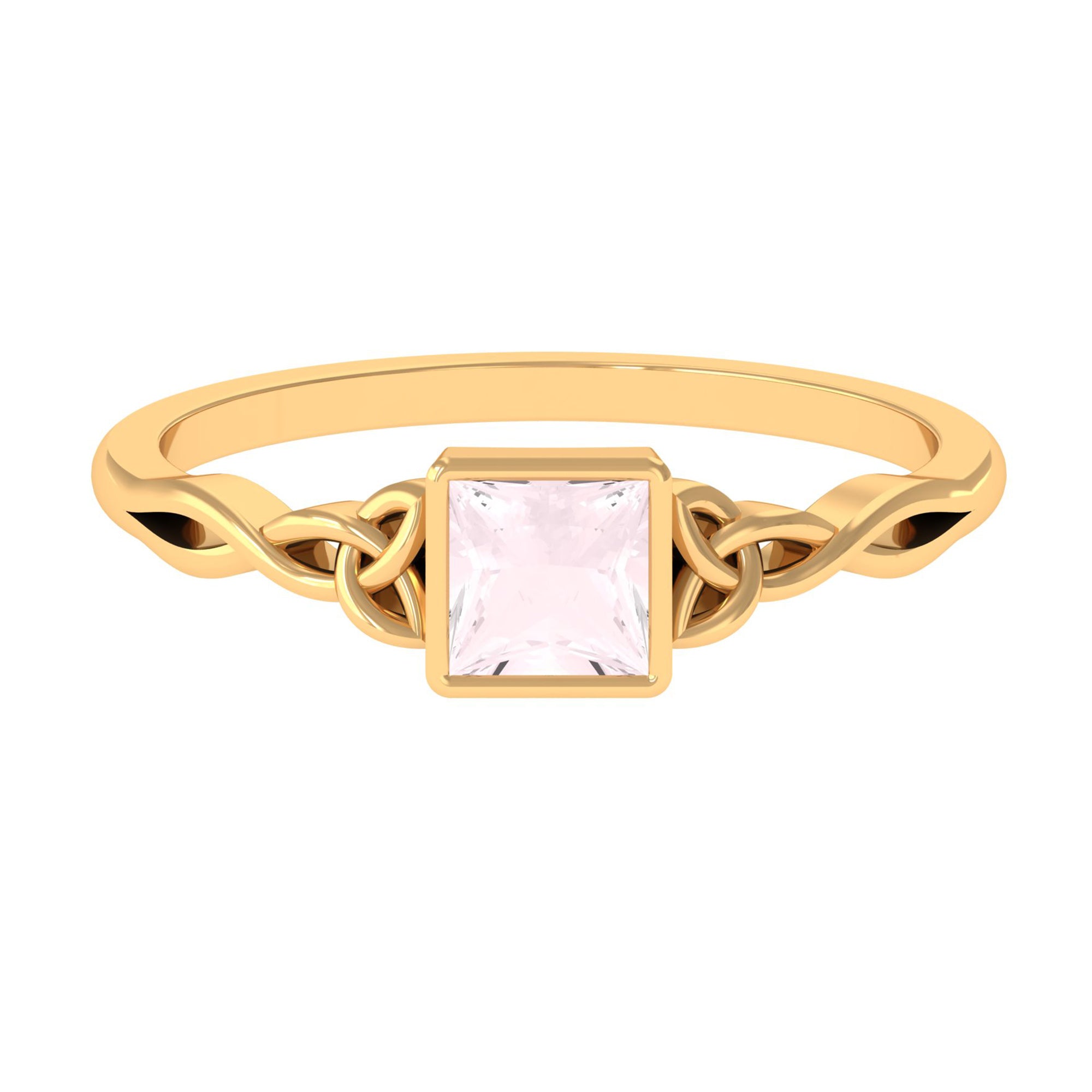 Rosec Jewels-5 MM Princess Cut Rose Quartz Solitaire Celtic Ring in Bezel Setting