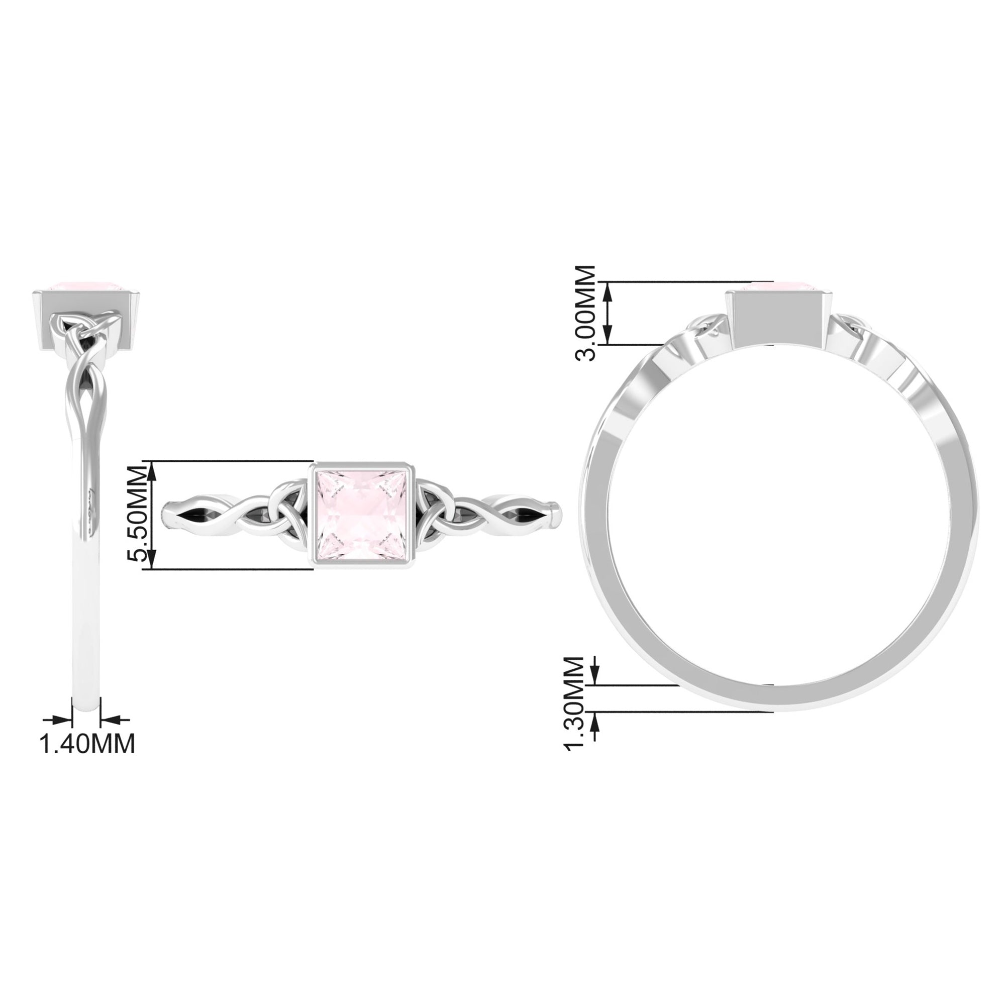 Rosec Jewels-5 MM Princess Cut Rose Quartz Solitaire Celtic Ring in Bezel Setting