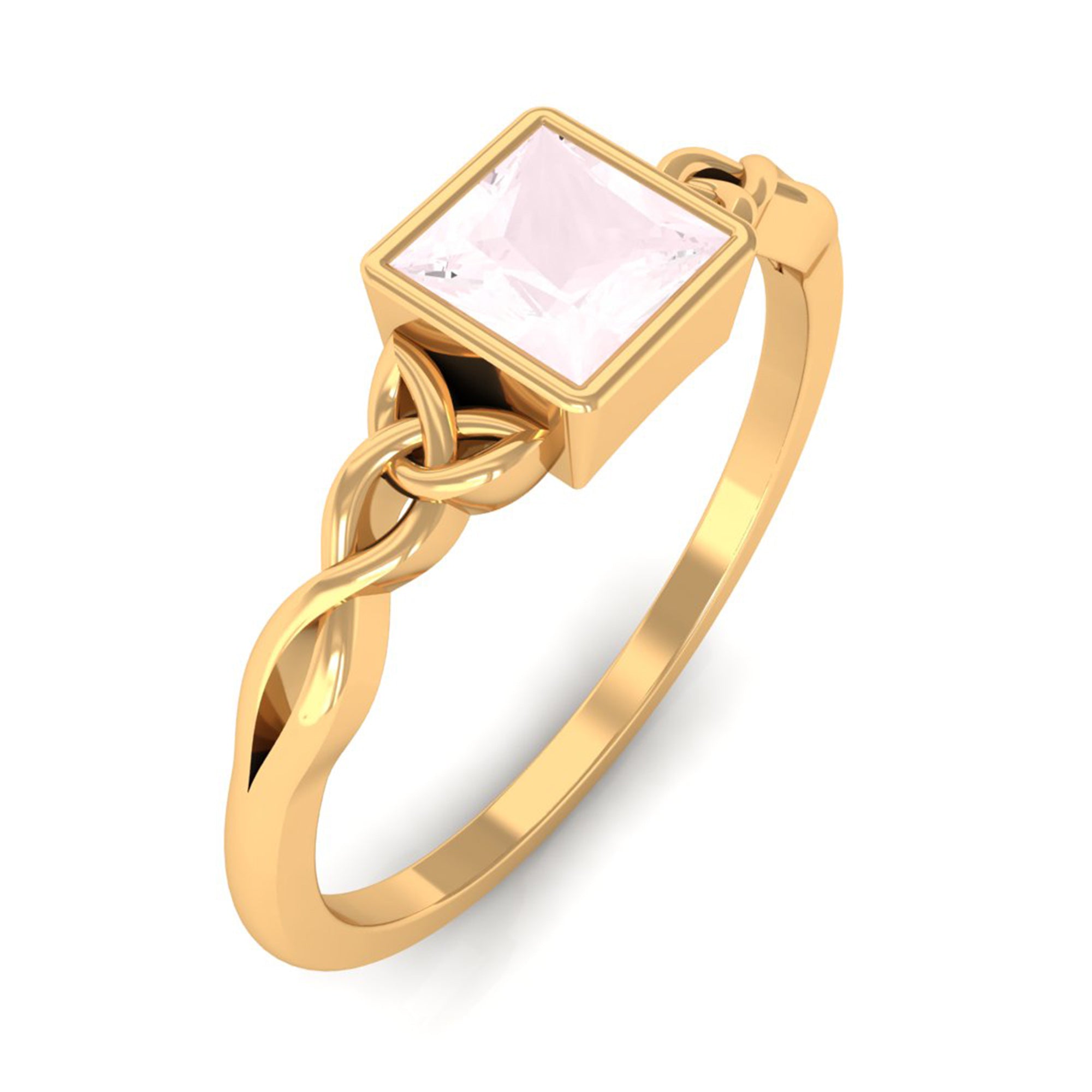 Rosec Jewels-5 MM Princess Cut Rose Quartz Solitaire Celtic Ring in Bezel Setting