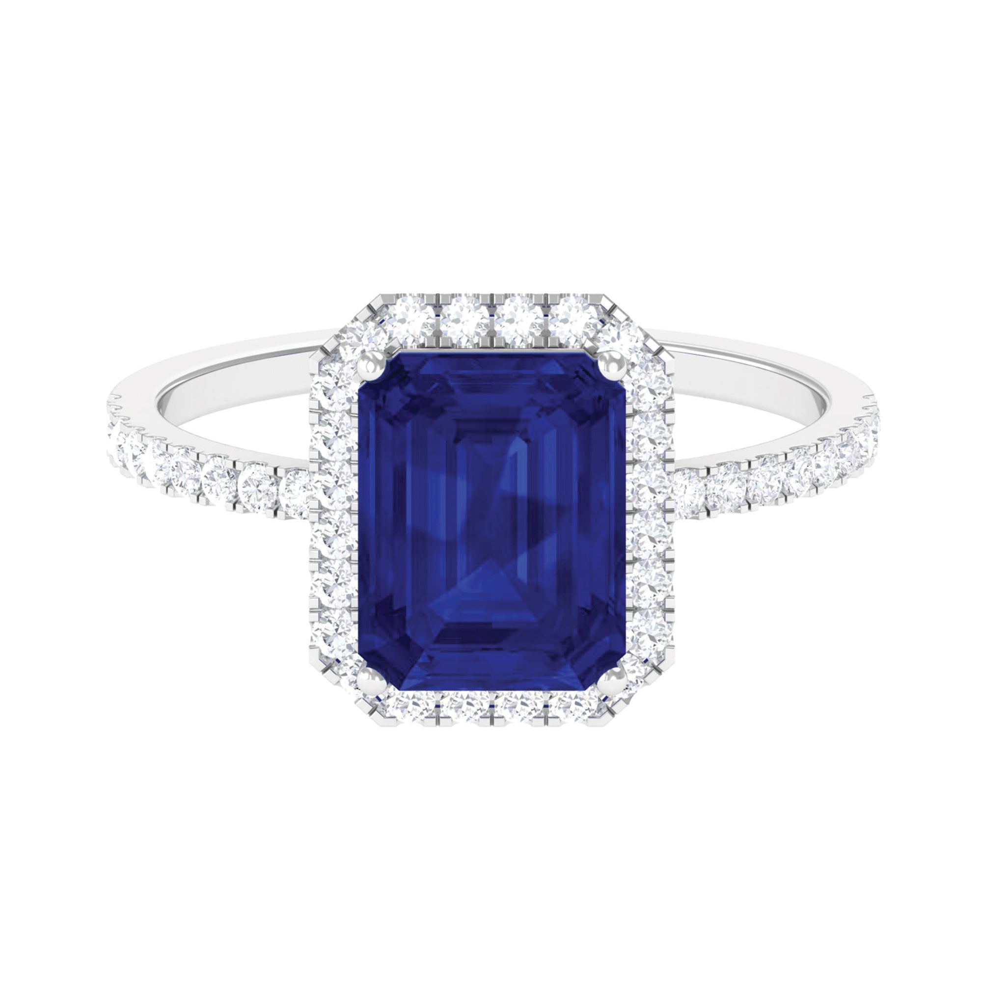 Rosec Jewels-3 CT Emerald Cut Lab Grown Blue Sapphire Halo Engagement Ring