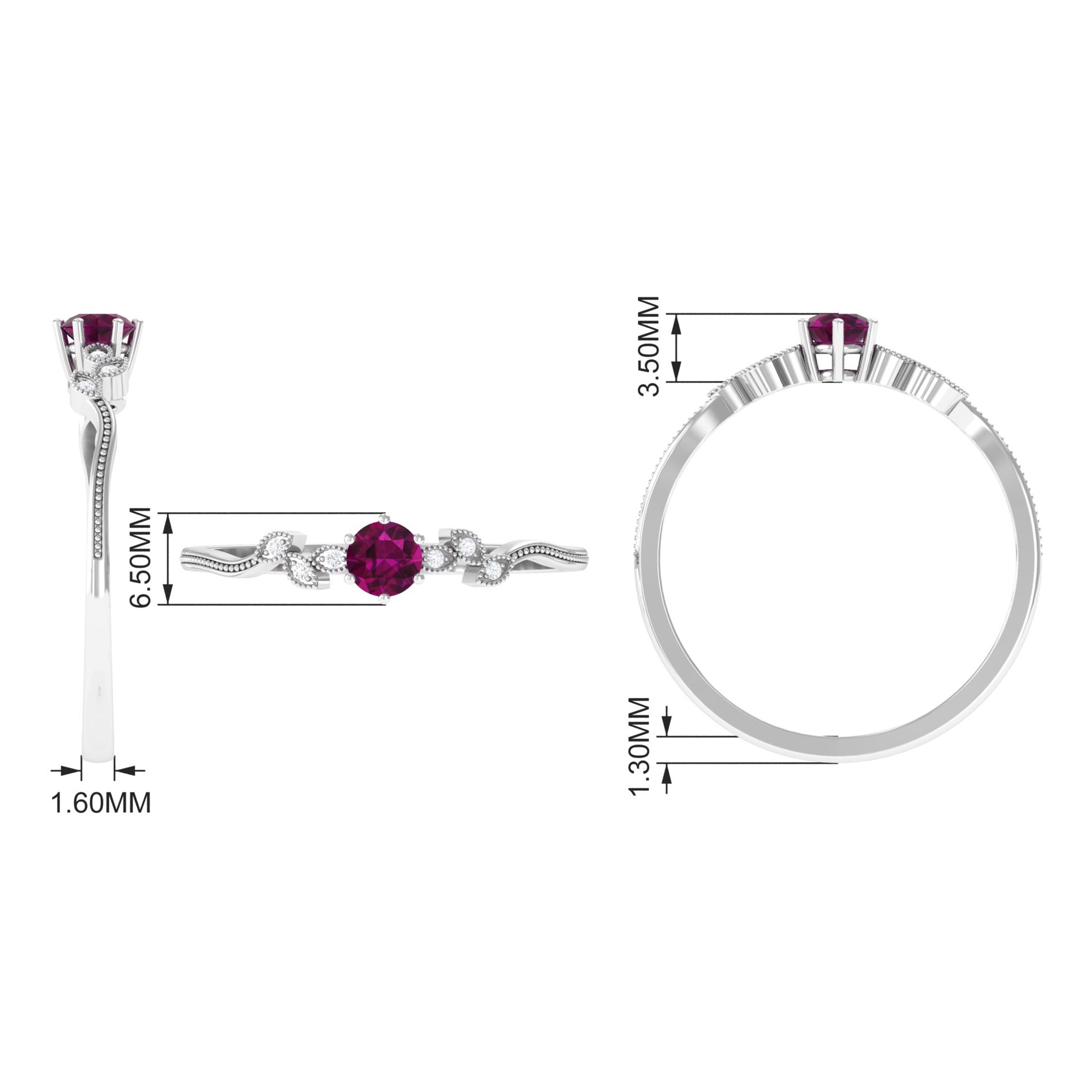 Rosec Jewels-Real Rhodolite Solitaire Leaf Inspired Promise Ring with Diamond