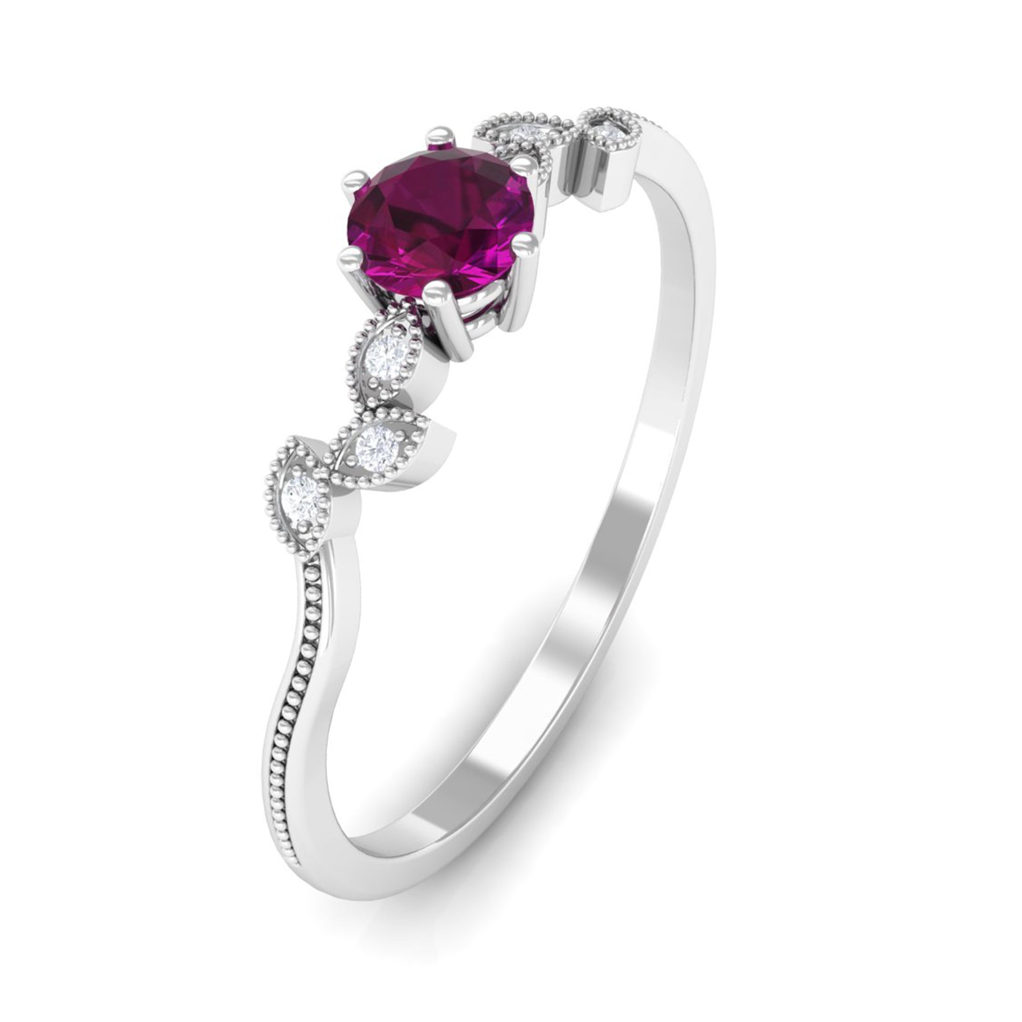 Rosec Jewels-Real Rhodolite Solitaire Leaf Inspired Promise Ring with Diamond