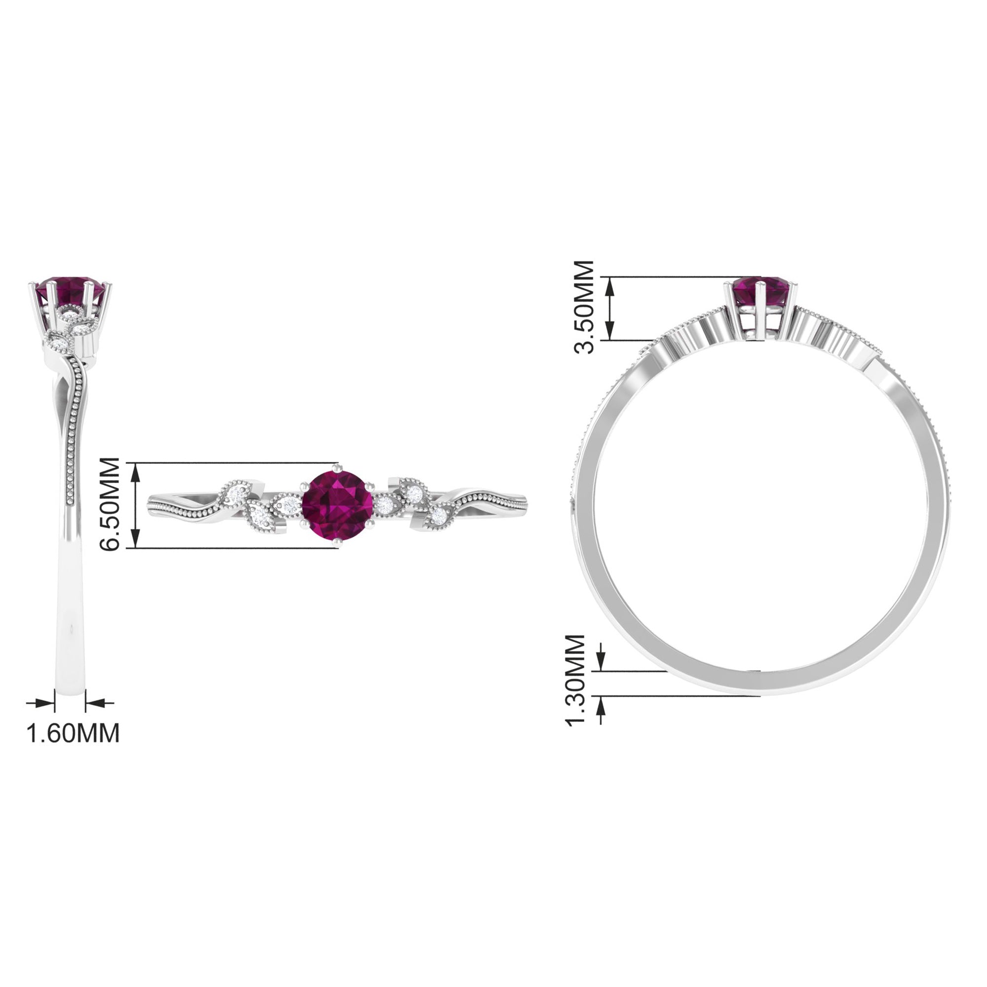 Rosec Jewels-Real Rhodolite Solitaire Leaf Inspired Promise Ring with Diamond