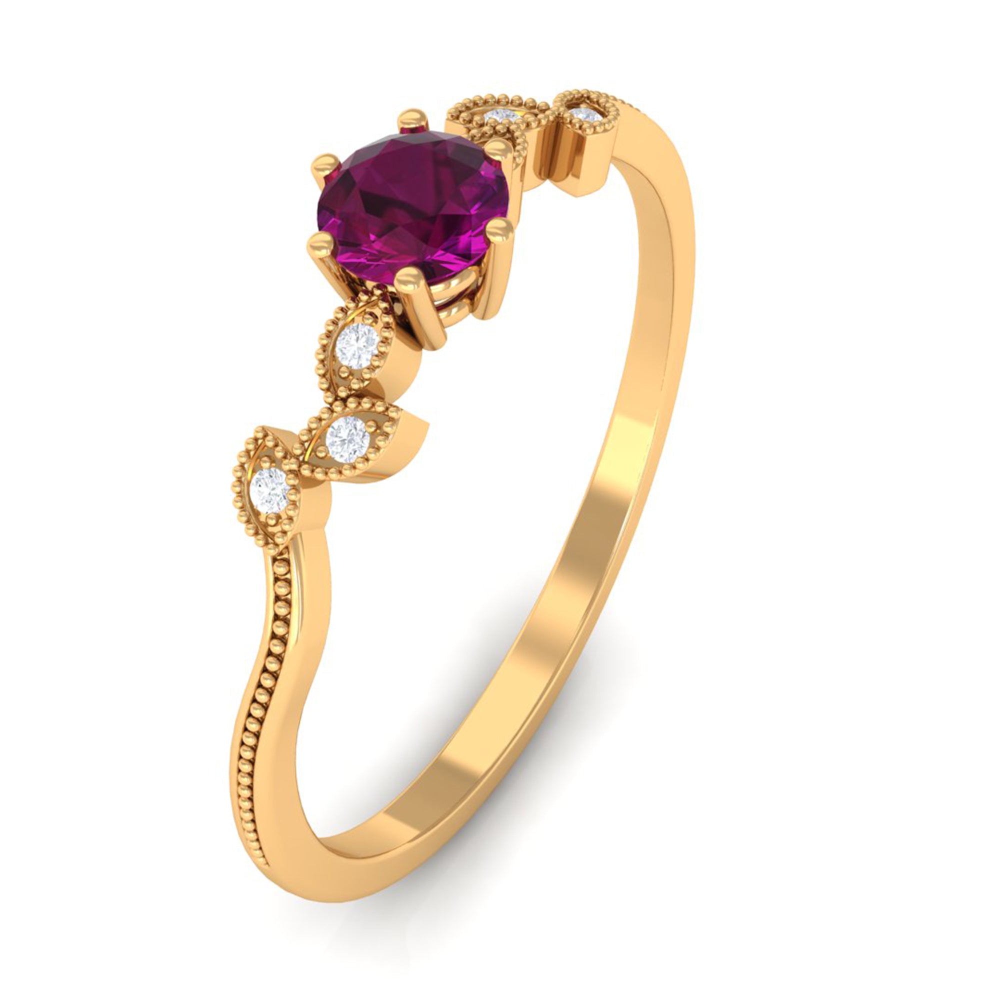 Rosec Jewels-Real Rhodolite Solitaire Leaf Inspired Promise Ring with Diamond