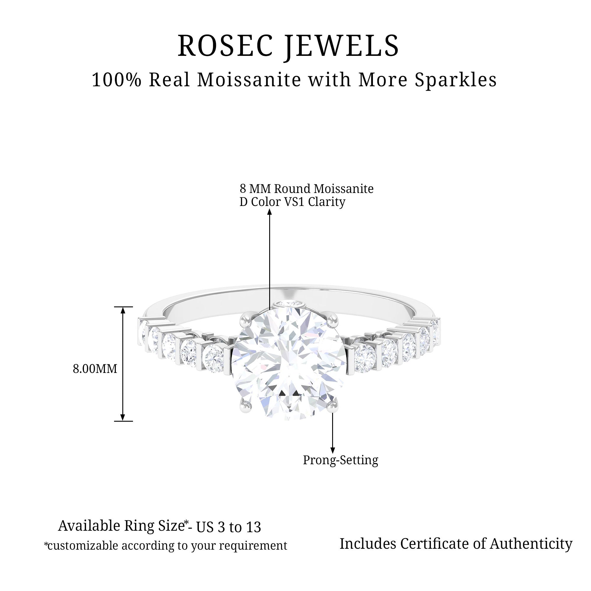 Rosec Jewels-Solitaire Moissanite Engagement Ring with Side Stones