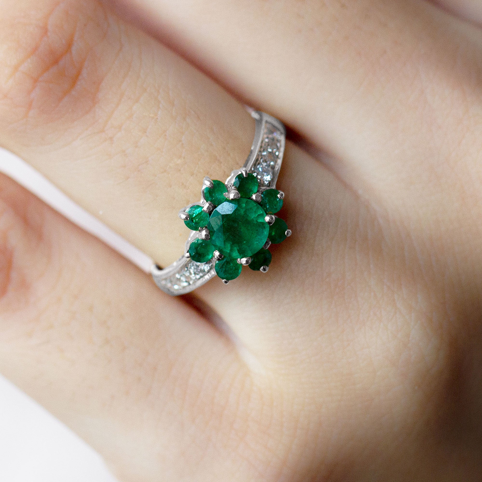 Round Cut Created Emerald Cluster Engagement Ring with Moissanite Lab Created Emerald - ( AAAA ) - Quality - Rosec Jewels