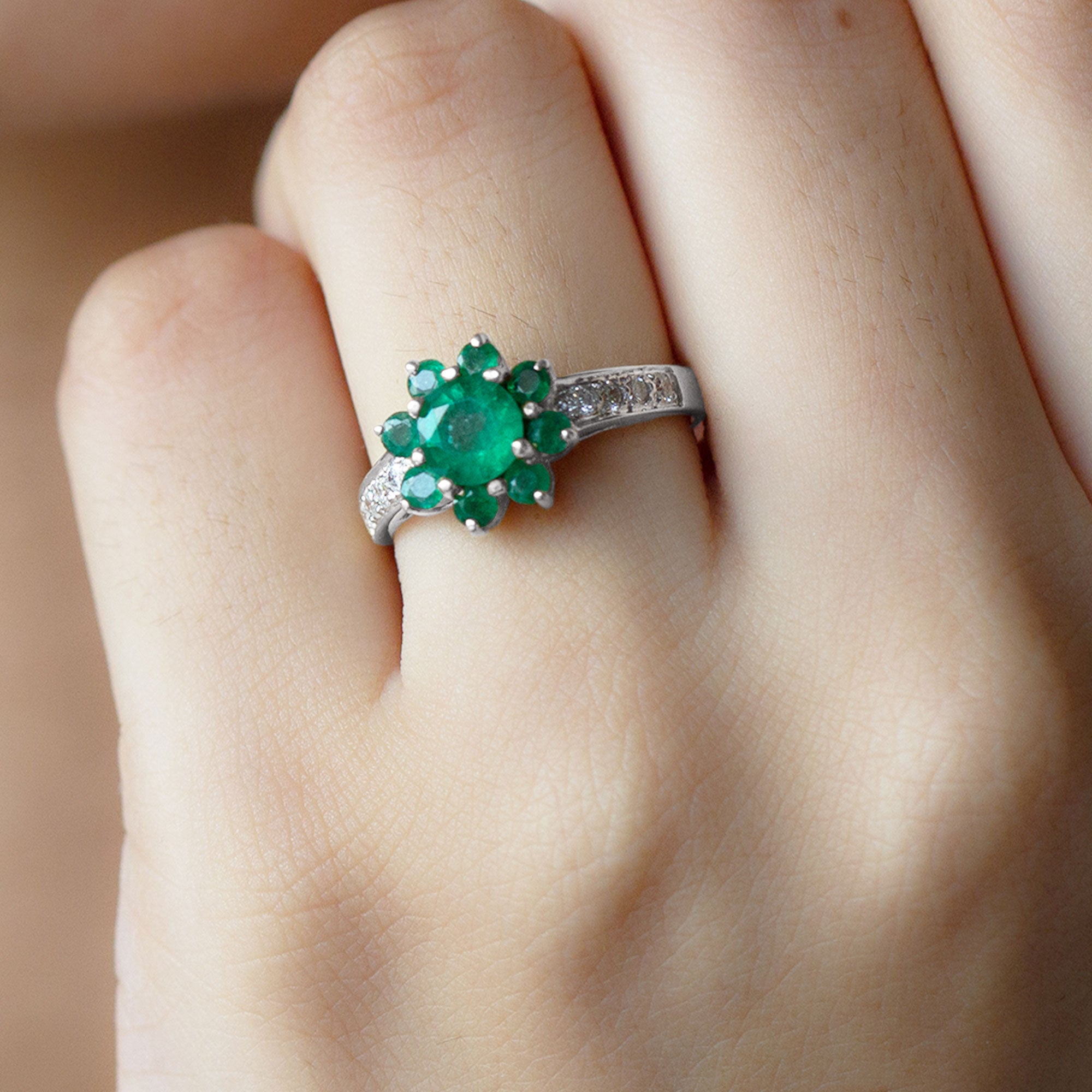 Round Cut Created Emerald Cluster Engagement Ring with Moissanite Lab Created Emerald - ( AAAA ) - Quality - Rosec Jewels