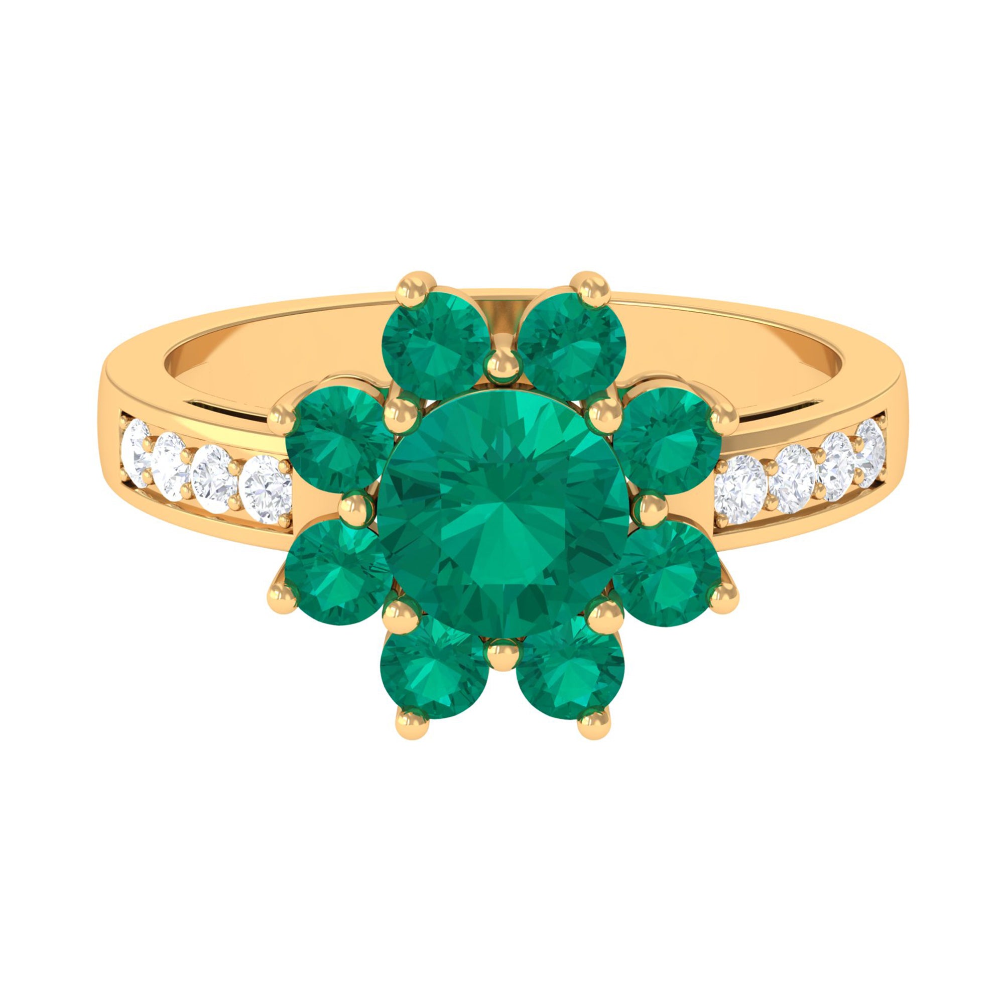 Round Cut Created Emerald Cluster Engagement Ring with Moissanite Lab Created Emerald - ( AAAA ) - Quality - Rosec Jewels