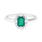 Rosec Jewels-Octagon Cut Emerald Engagement Ring with Diamond Halo