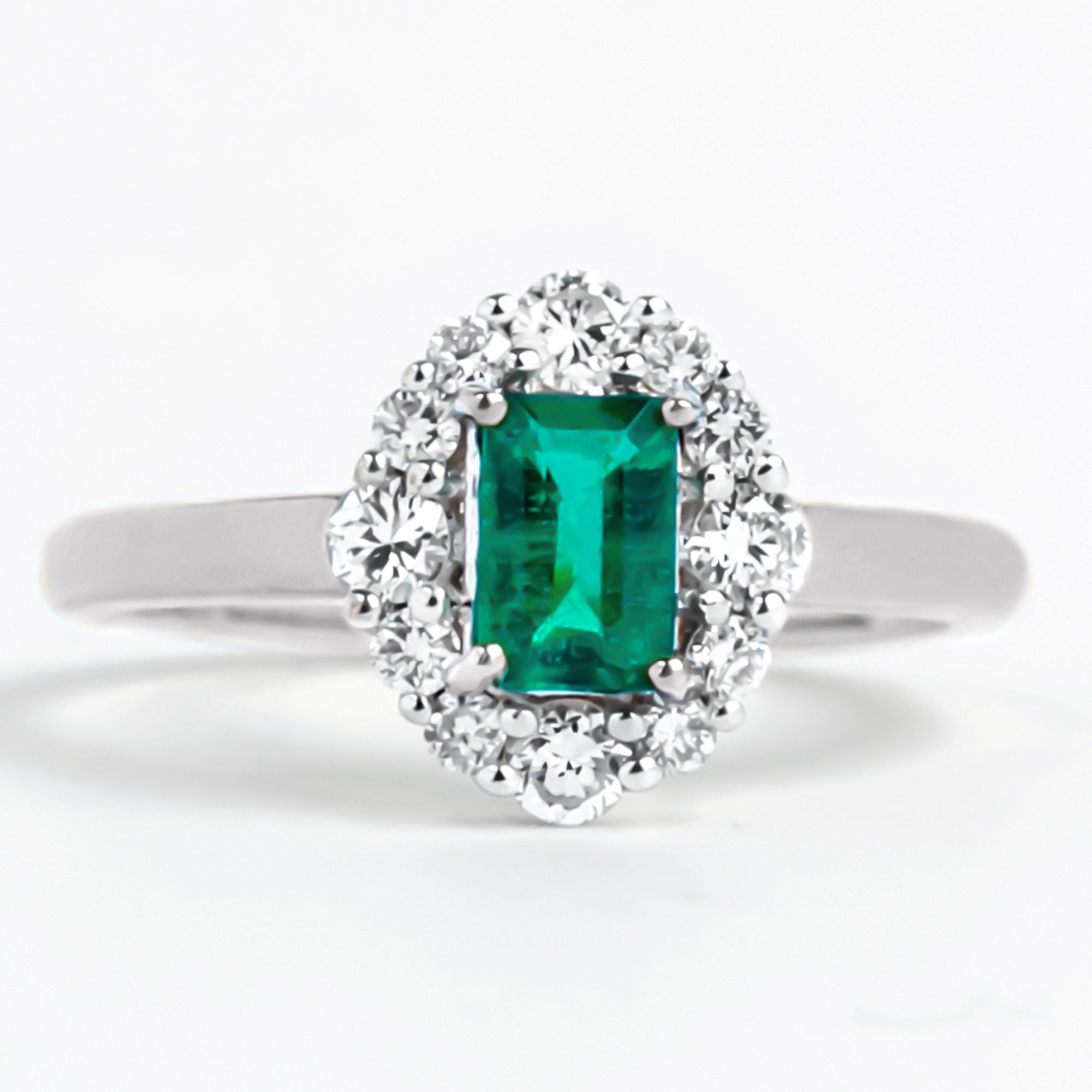 Rosec Jewels-Octagon Cut Emerald Engagement Ring with Diamond Halo