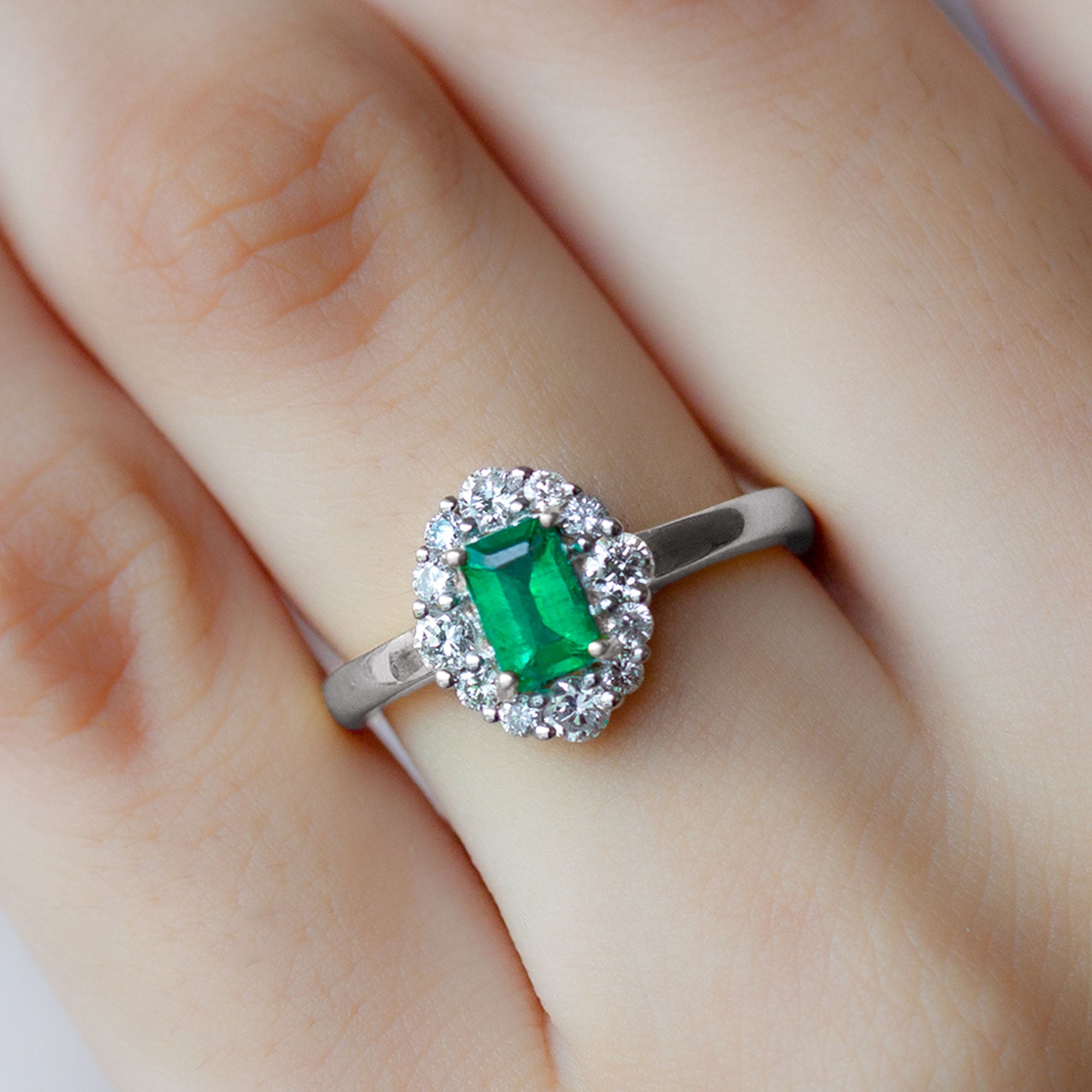 Rosec Jewels-Octagon Cut Emerald Engagement Ring with Diamond Halo