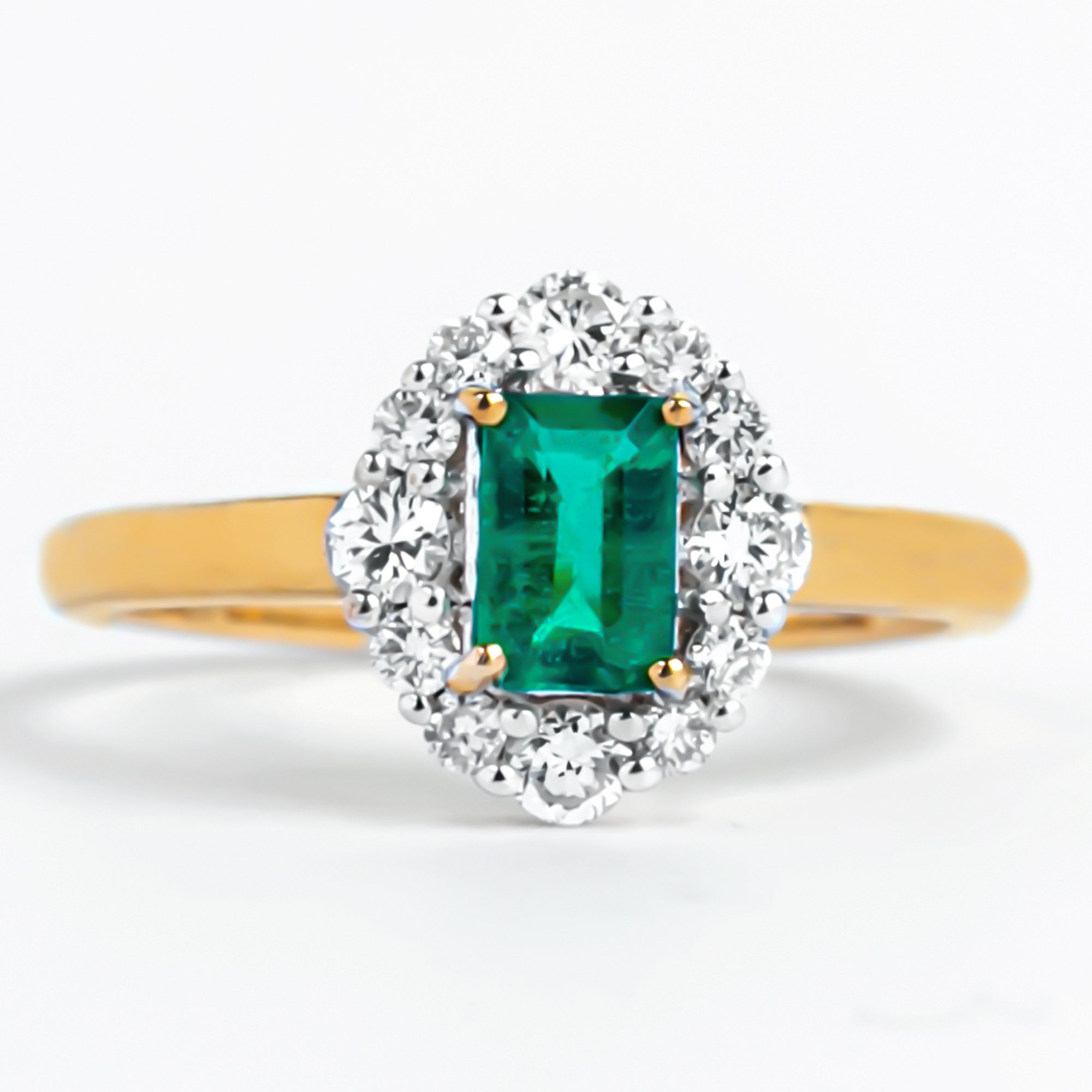 Rosec Jewels-Octagon Cut Emerald Engagement Ring with Diamond Halo