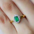 Rosec Jewels-Octagon Cut Emerald Engagement Ring with Diamond Halo