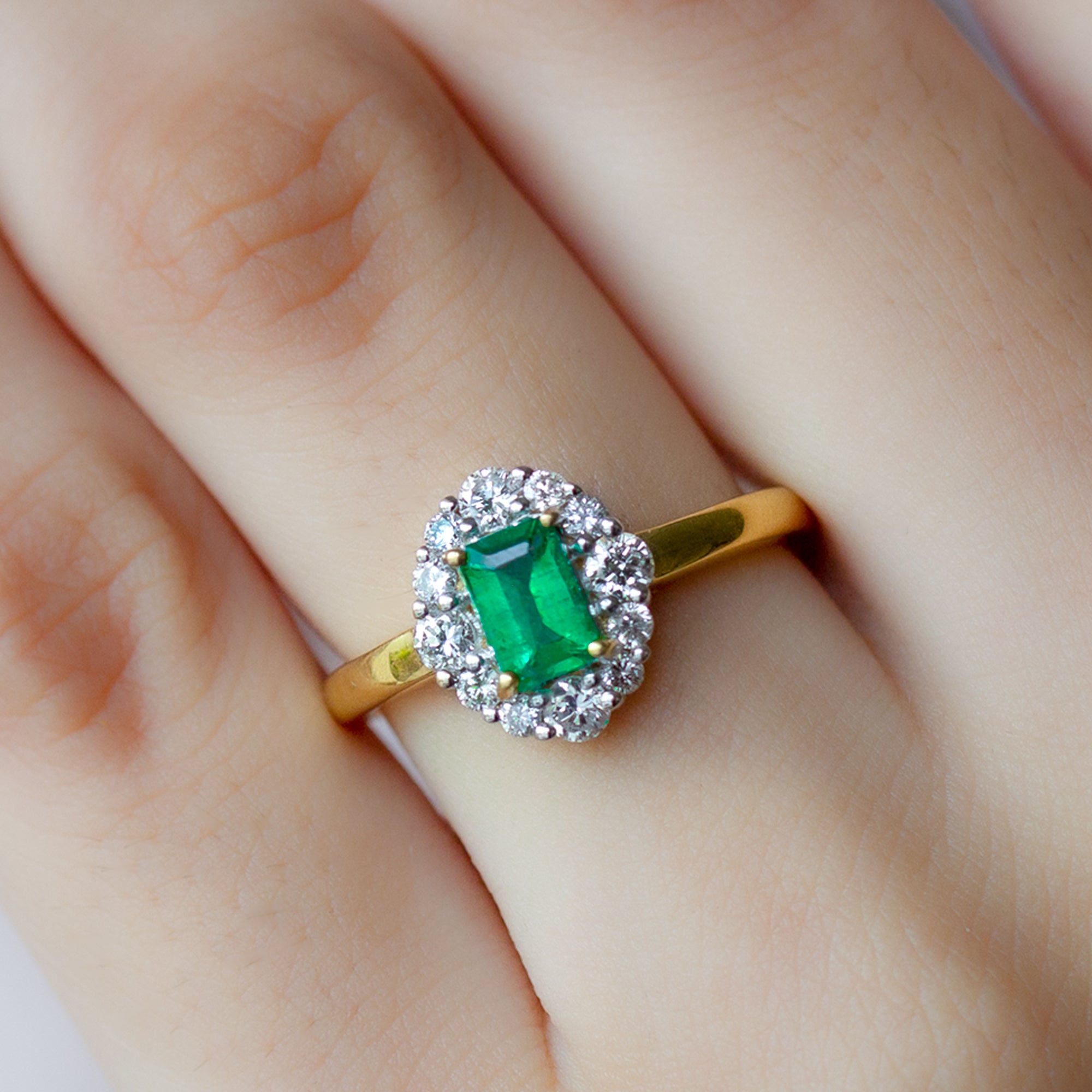 Rosec Jewels-Octagon Cut Emerald Engagement Ring with Diamond Halo