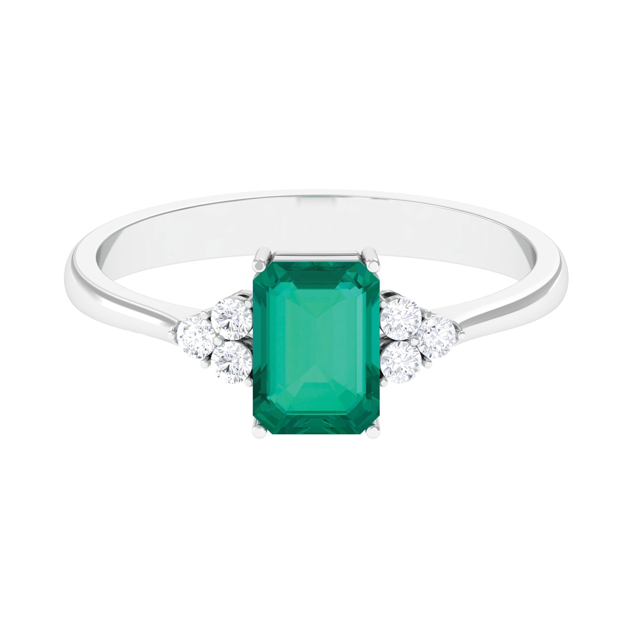 Rosec Jewels-Octagon Cut Emerald Engagement Ring with Diamond Trio