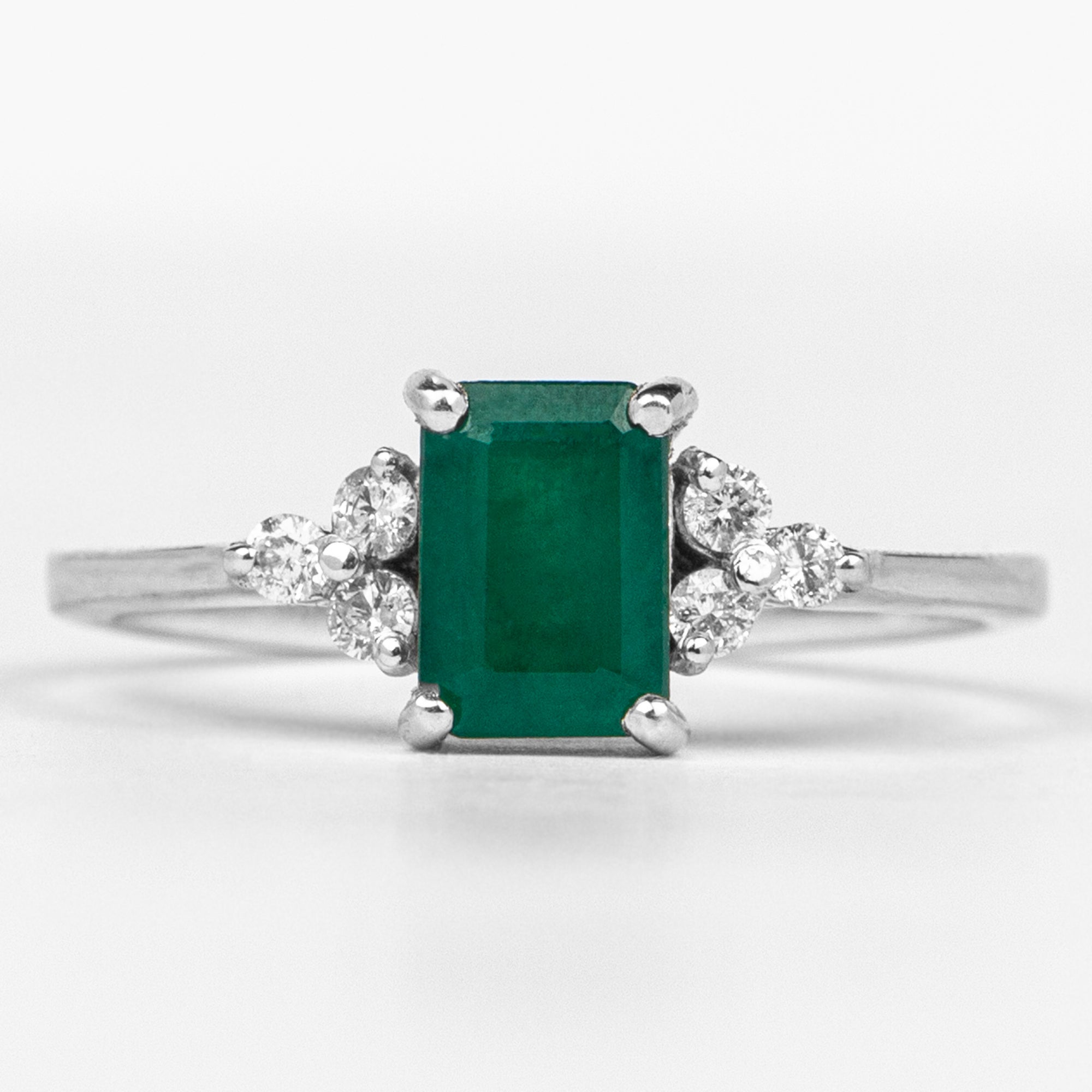 Rosec Jewels-Octagon Cut Emerald Engagement Ring with Diamond Trio