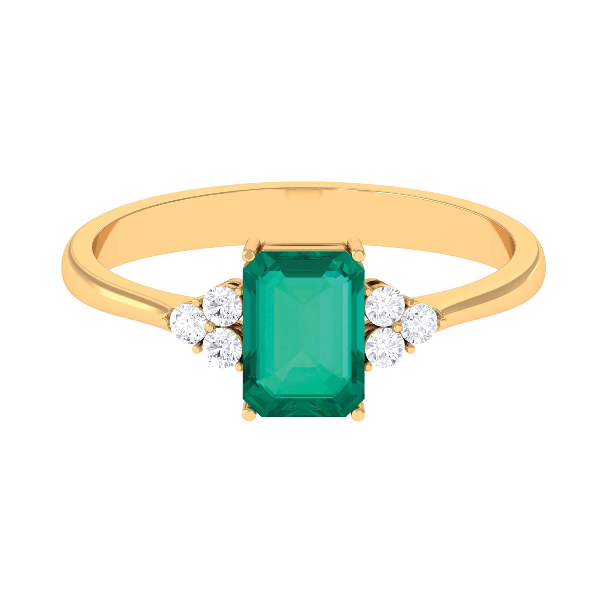 Rosec Jewels-Octagon Cut Emerald Engagement Ring with Diamond Trio