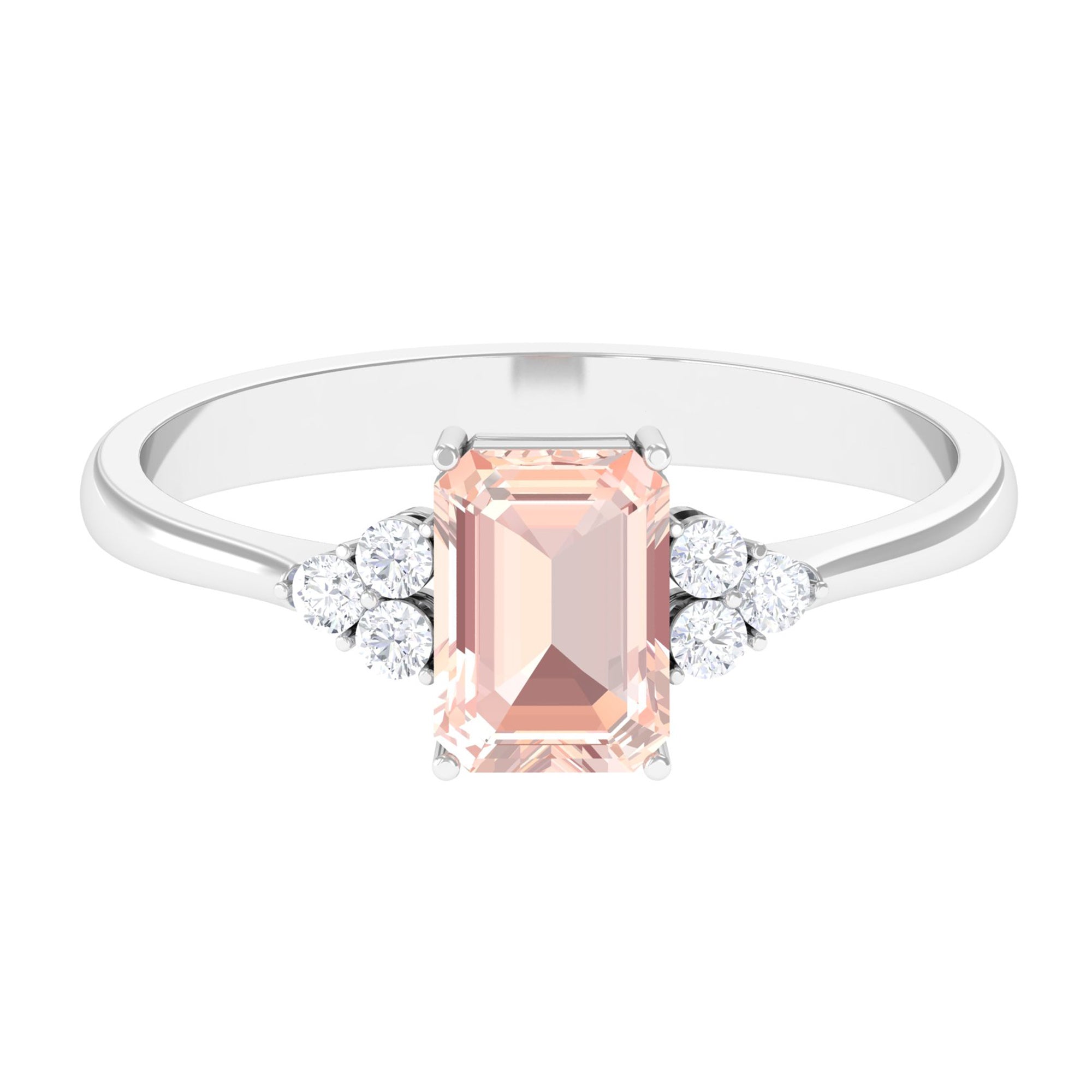 Rosec Jewels-Emerald Cut Morganite Solitaire Engagement Ring with Diamond Trio