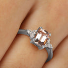 Rosec Jewels-Emerald Cut Morganite Solitaire Engagement Ring with Diamond Trio