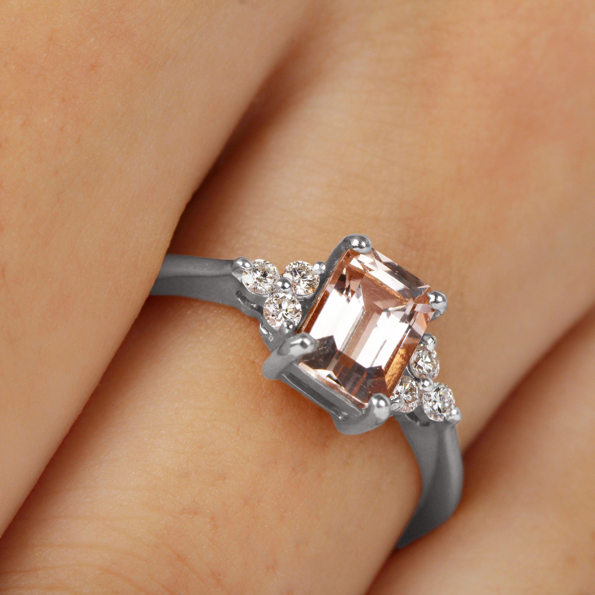 Rosec Jewels-Emerald Cut Morganite Solitaire Engagement Ring with Diamond Trio