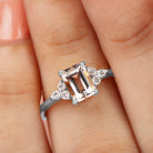 Rosec Jewels-Emerald Cut Morganite Solitaire Engagement Ring with Diamond Trio