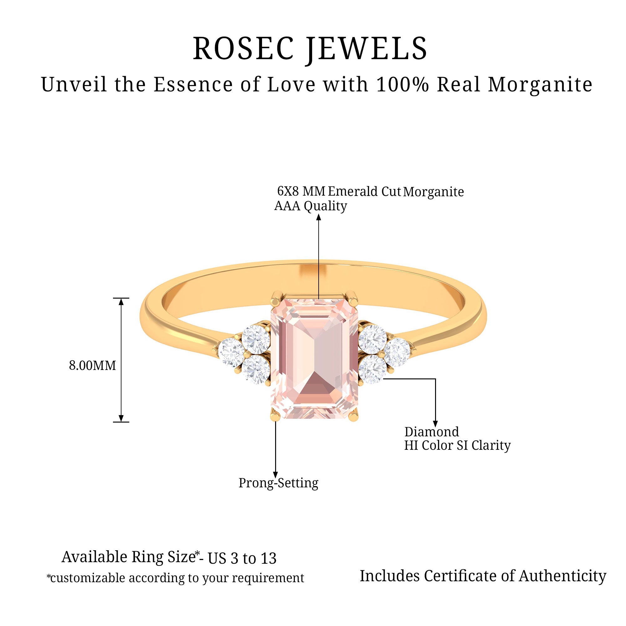 Rosec Jewels-Emerald Cut Morganite Solitaire Engagement Ring with Diamond Trio