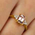 Rosec Jewels-Emerald Cut Morganite Solitaire Engagement Ring with Diamond Trio