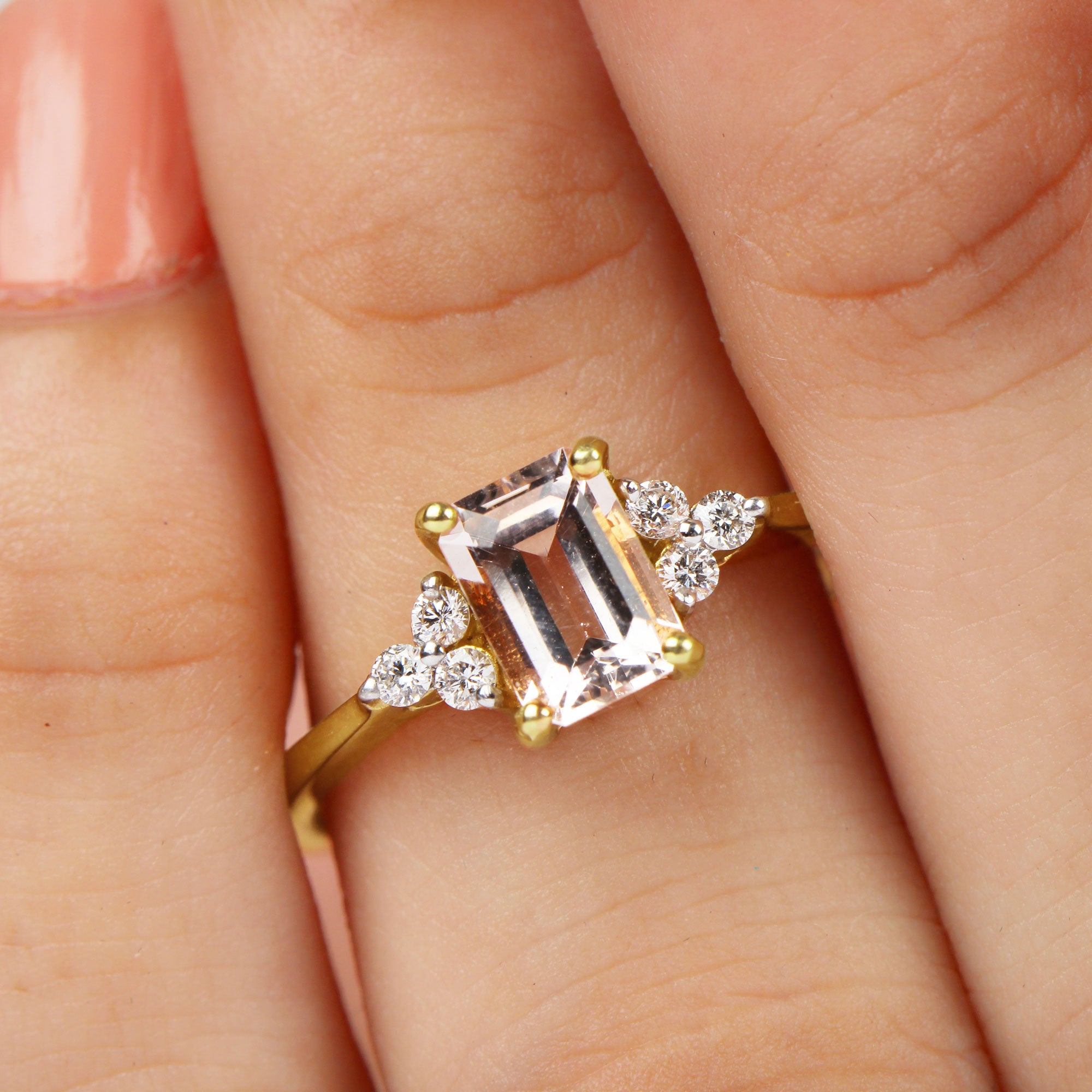 Rosec Jewels-Emerald Cut Morganite Solitaire Engagement Ring with Diamond Trio