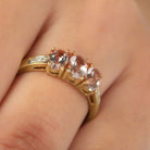 Rosec Jewels-Oval Cut Morganite Three Stone Engagement Ring with Diamond