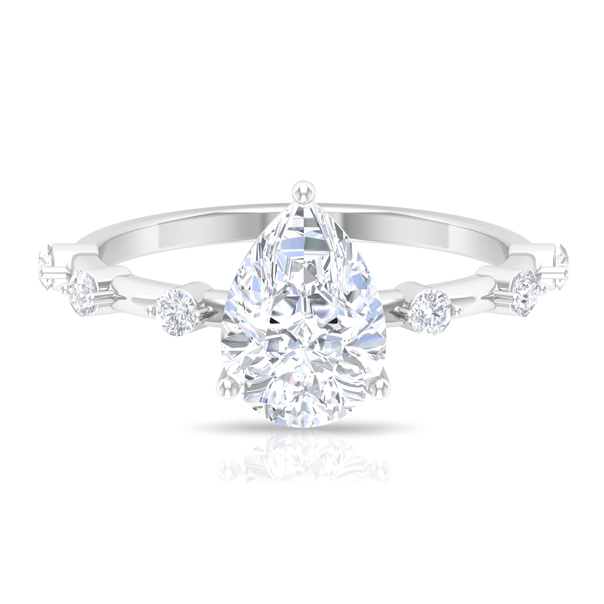 Rosec Jewels-2 CT Three Prong Set Pear Cut Solitaire Moissanite Ring with Spaced Accent