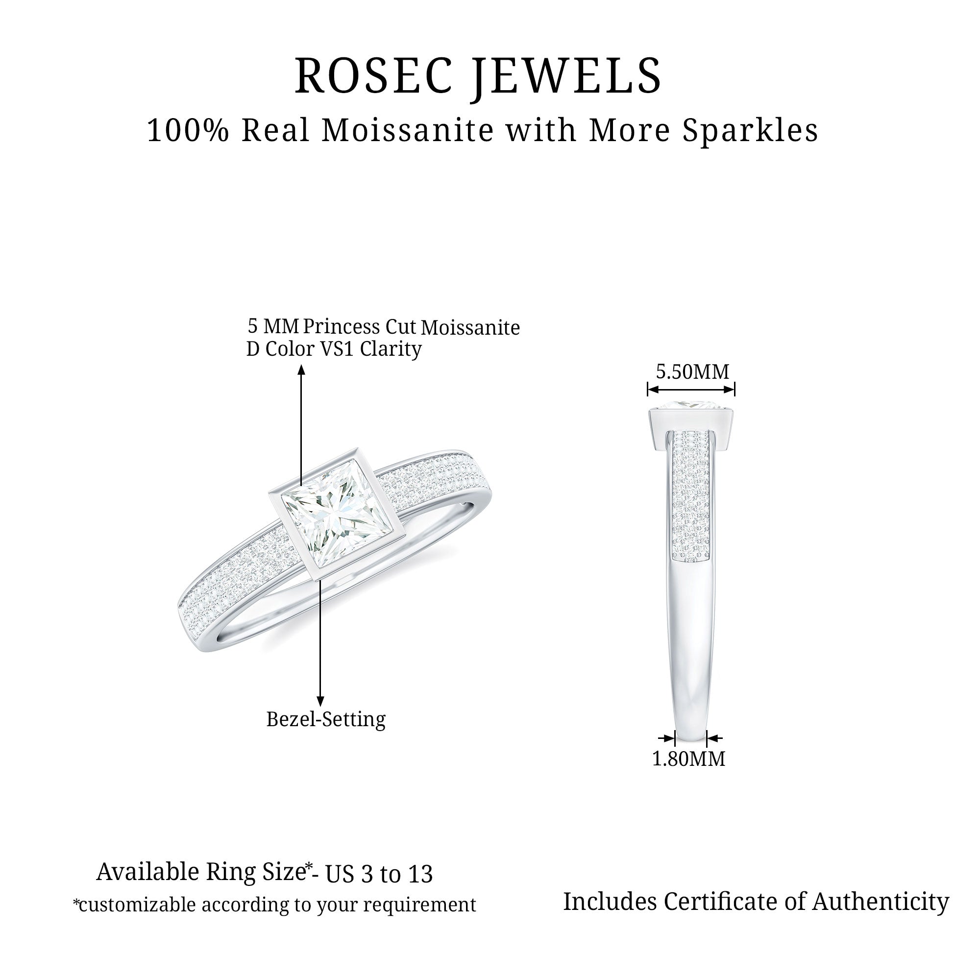 Rosec Jewels-Princess Cut Moissanite Solitaire Engagement Ring in Bezel Setting