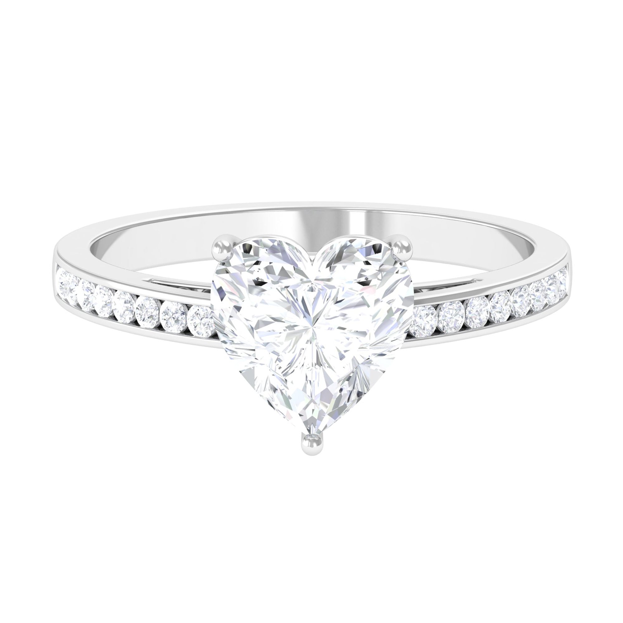 Rosec Jewels-2.5 CT Heart Moissanite Solitaire Ring with Channel Set Side Stones