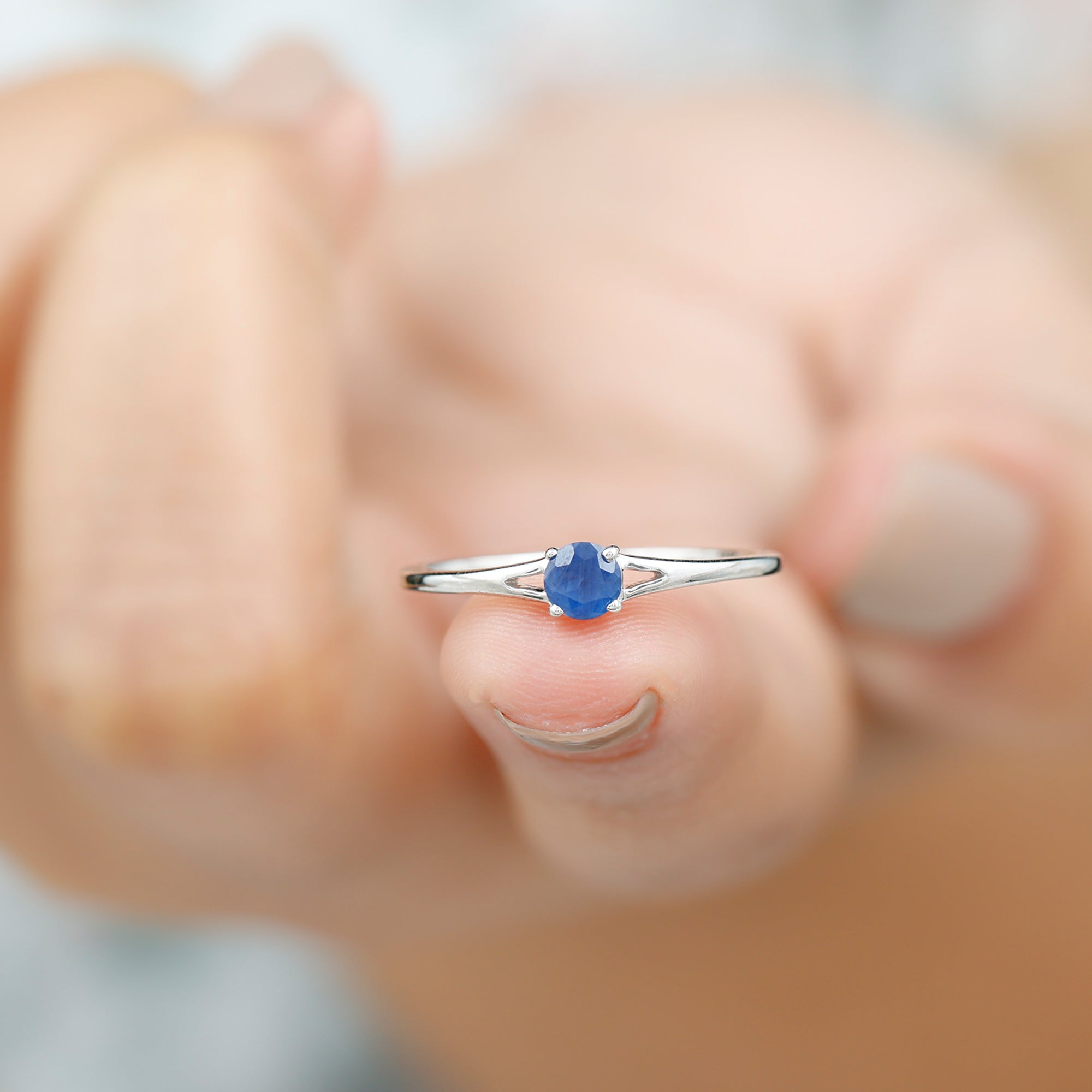 Rosec Jewels-Round Solitaire Blue Sapphire Ring in Split Shank