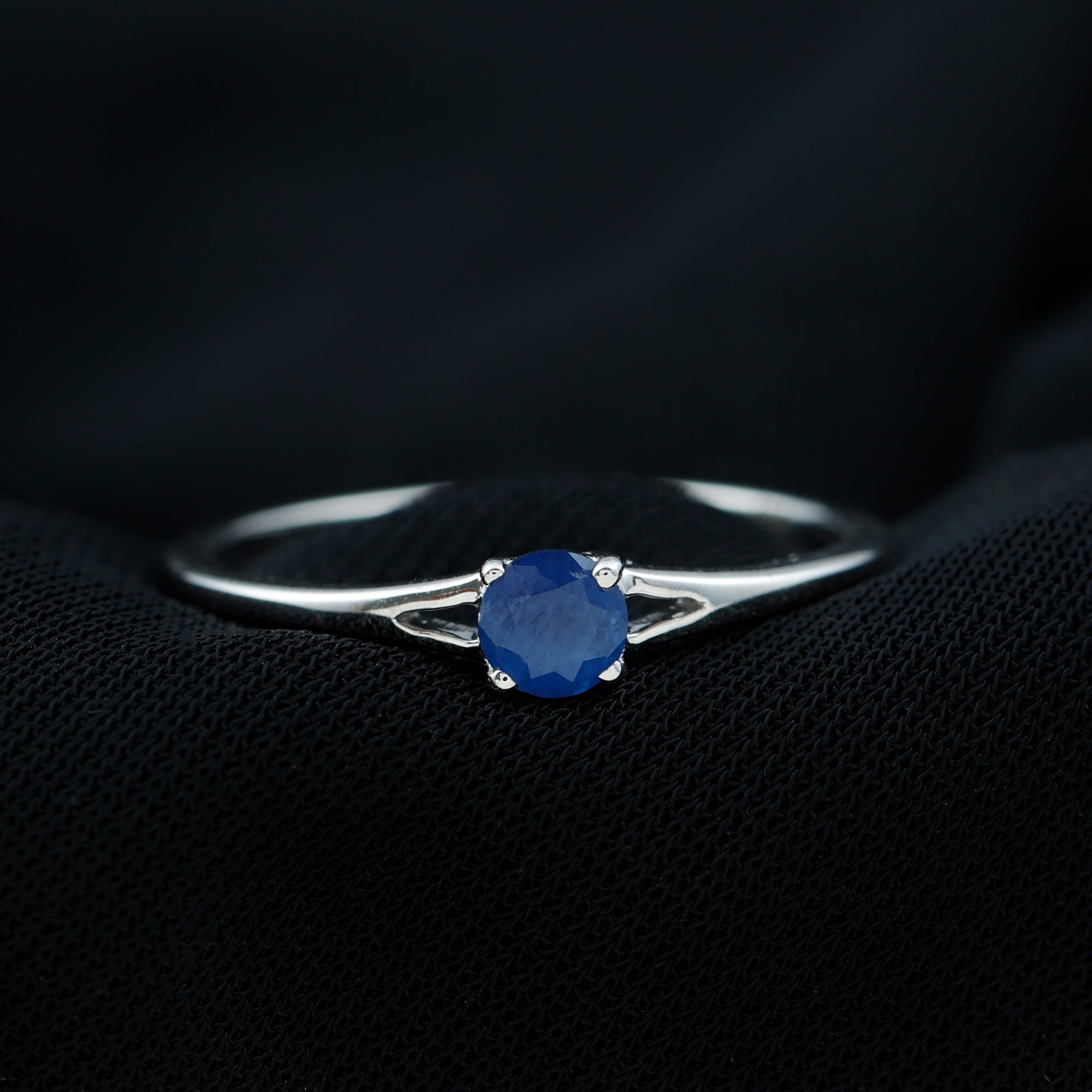 Rosec Jewels-Round Solitaire Blue Sapphire Ring in Split Shank