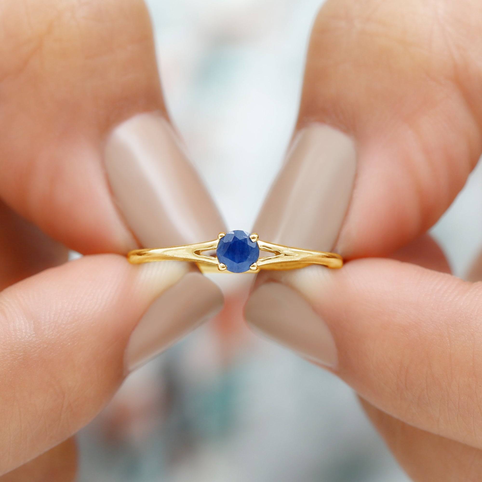 Rosec Jewels-Round Solitaire Blue Sapphire Ring in Split Shank