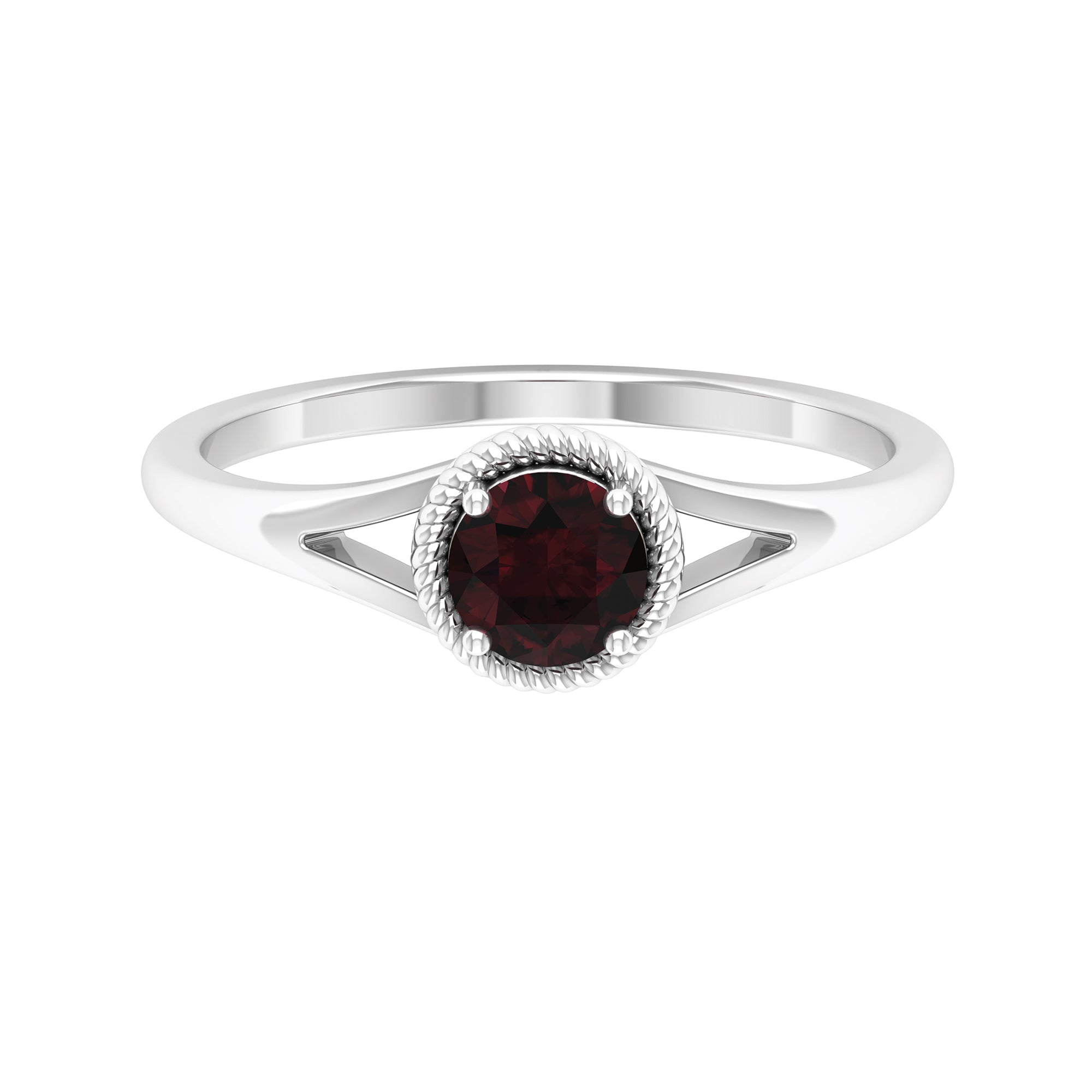 Rosec Jewels-Split Shank Garnet Solitaire Ring with Rope Frame