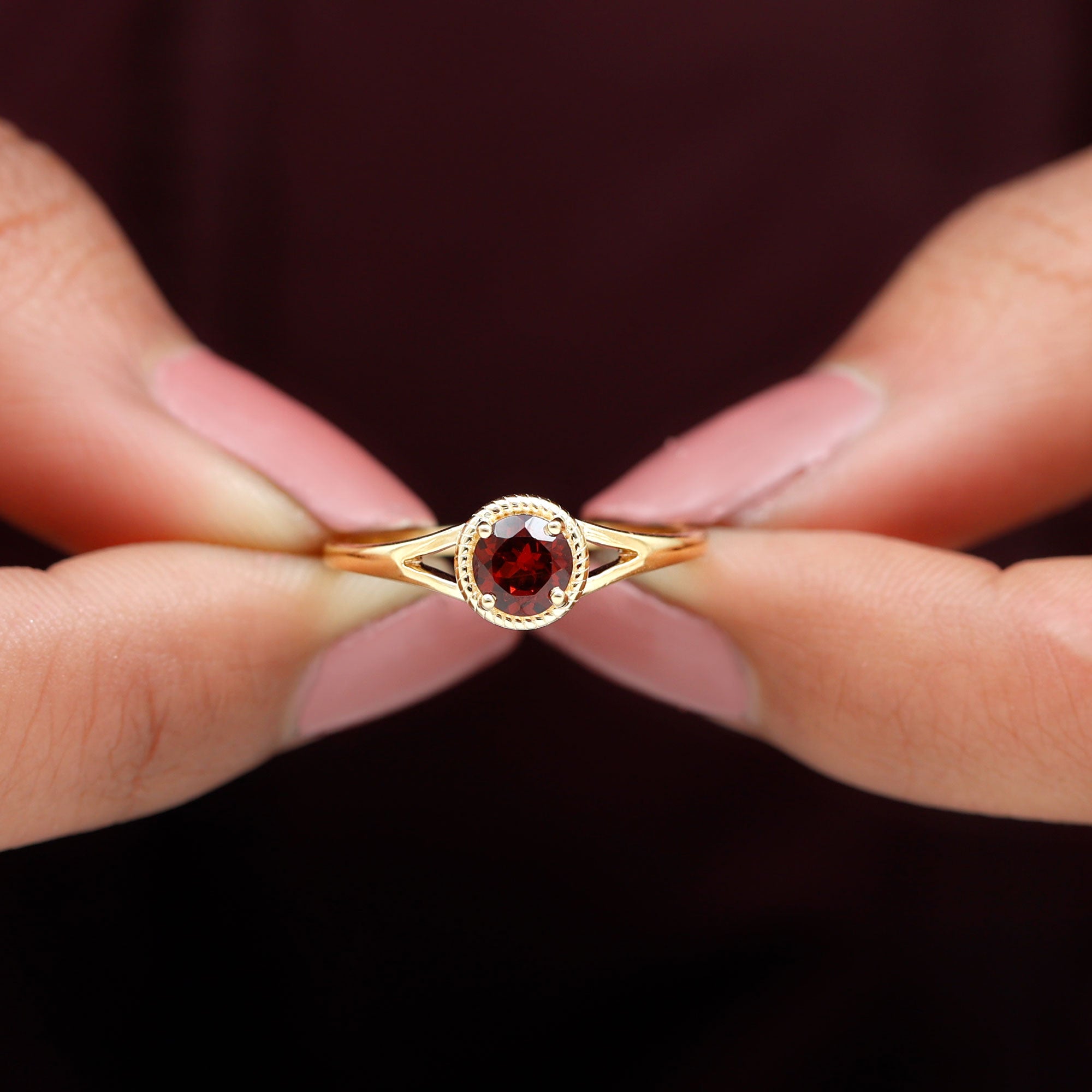 Rosec Jewels-Split Shank Garnet Solitaire Ring with Rope Frame