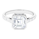 Rosec Jewels-7 MM Asscher Cut Moissanite Solitaire Ring in Bezel Setting with Sleek Accent