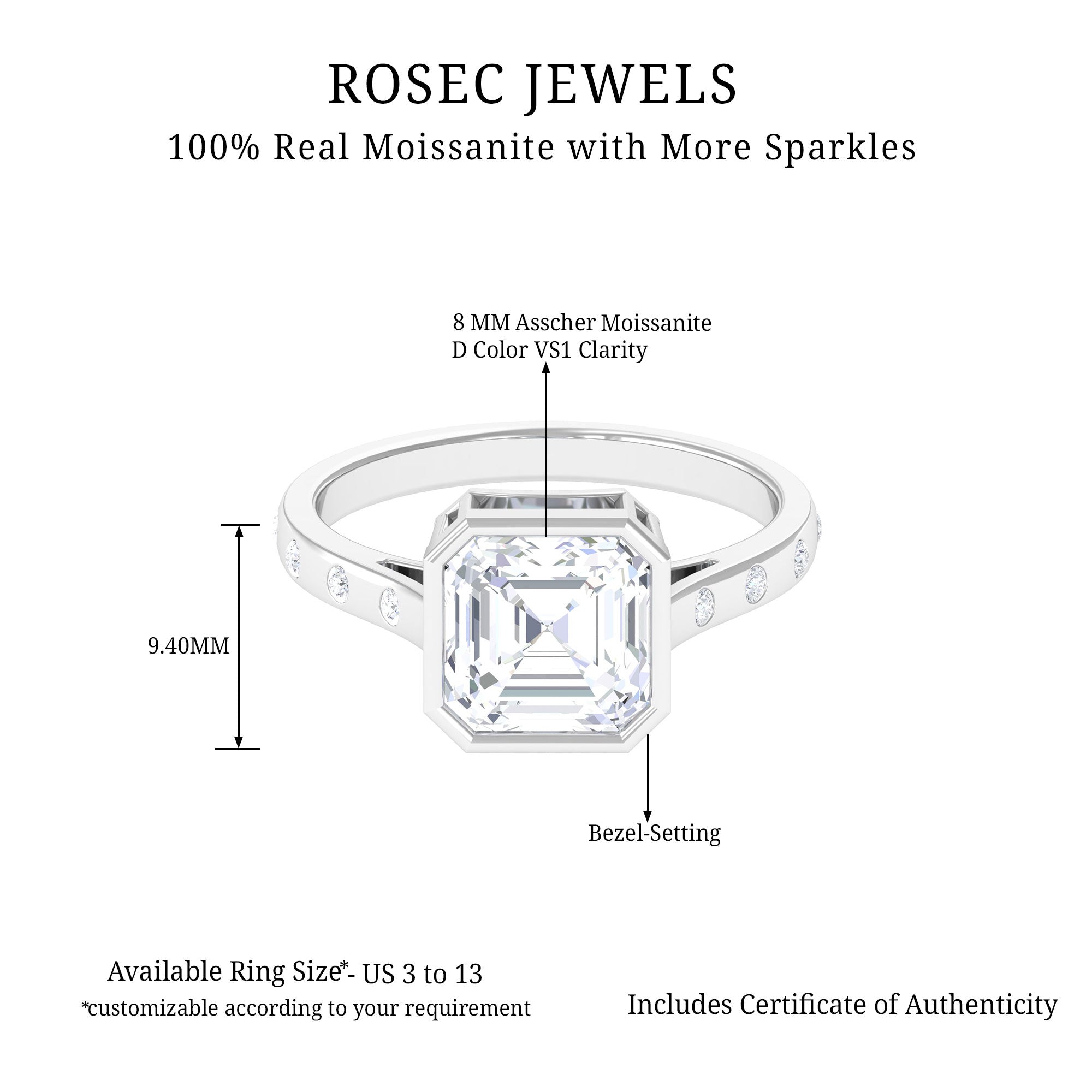 Rosec Jewels-7 MM Asscher Cut Moissanite Solitaire Ring in Bezel Setting with Sleek Accent