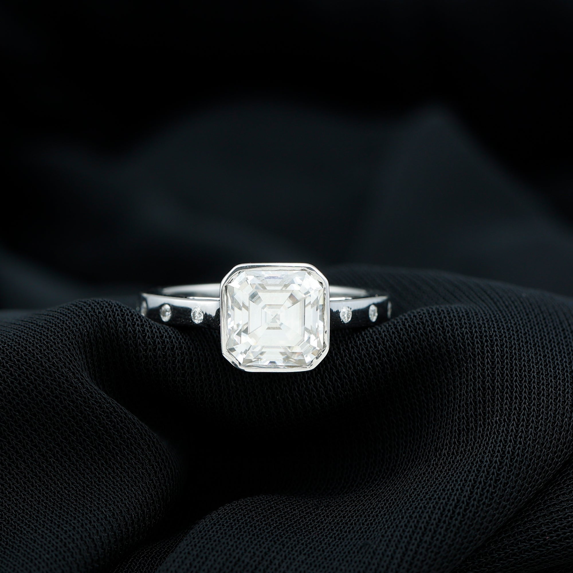 Rosec Jewels-7 MM Asscher Cut Moissanite Solitaire Ring in Bezel Setting with Sleek Accent