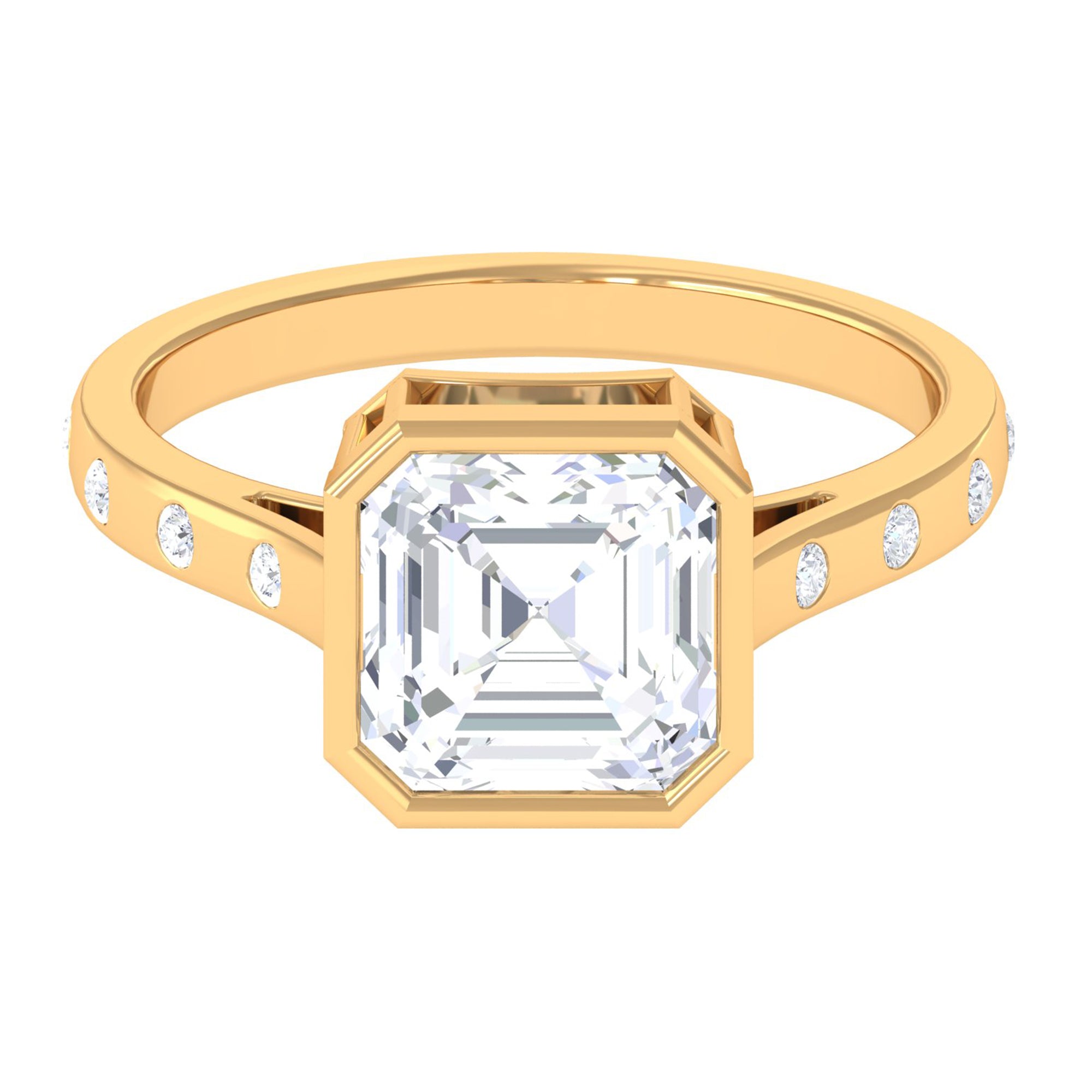 Rosec Jewels-7 MM Asscher Cut Moissanite Solitaire Ring in Bezel Setting with Sleek Accent