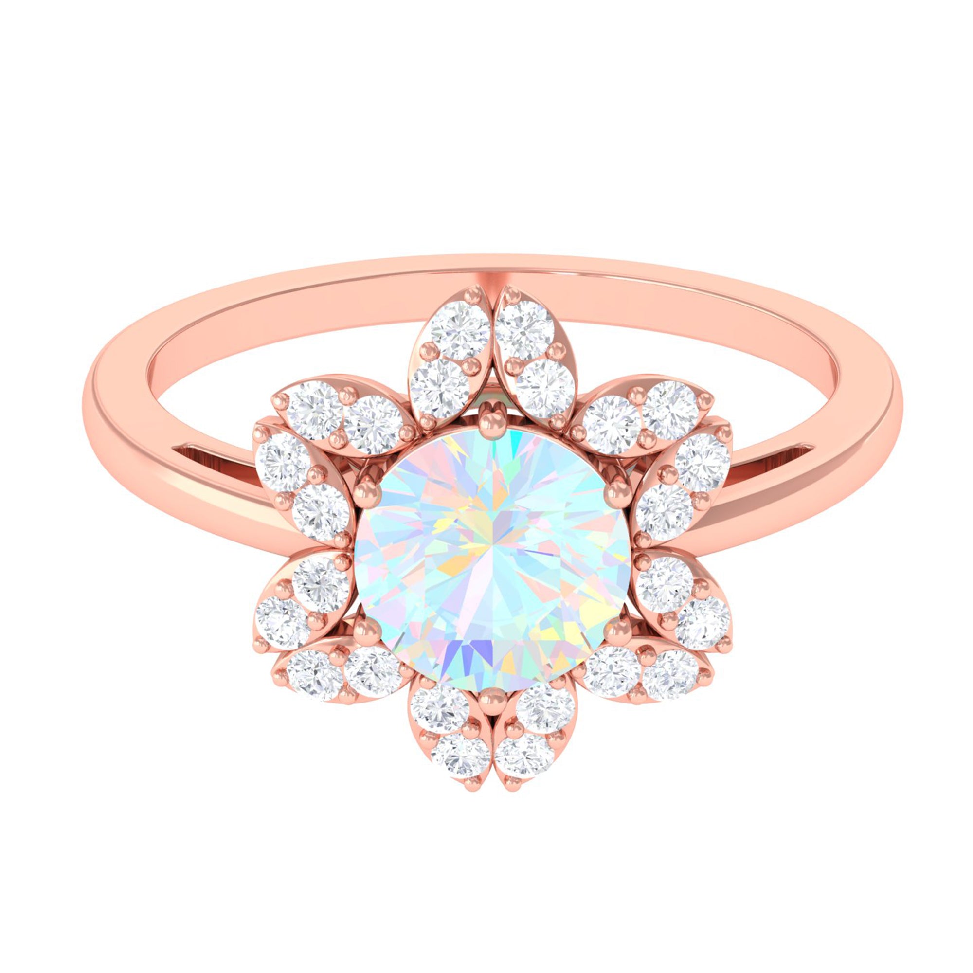 Rosec Jewels-Natural Ethiopian Opal and Diamond Flower Halo Ring