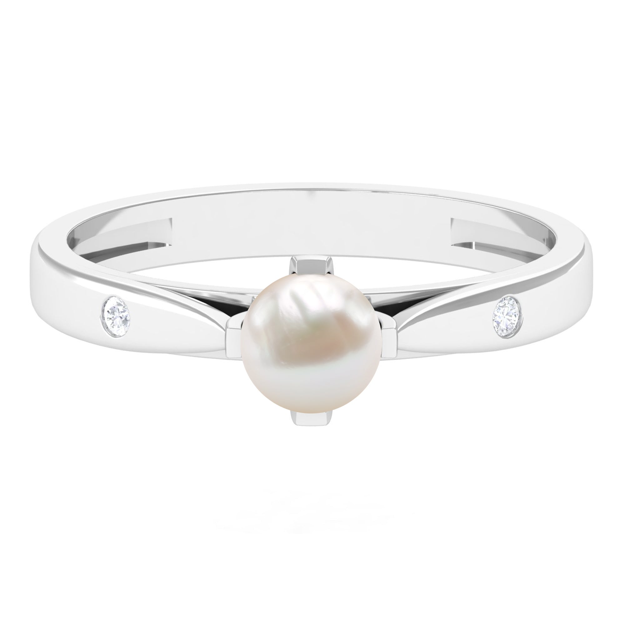 Rosec Jewels-Elegant Bead Set Freshwater Pearl Solitaire Promise Ring with Diamond