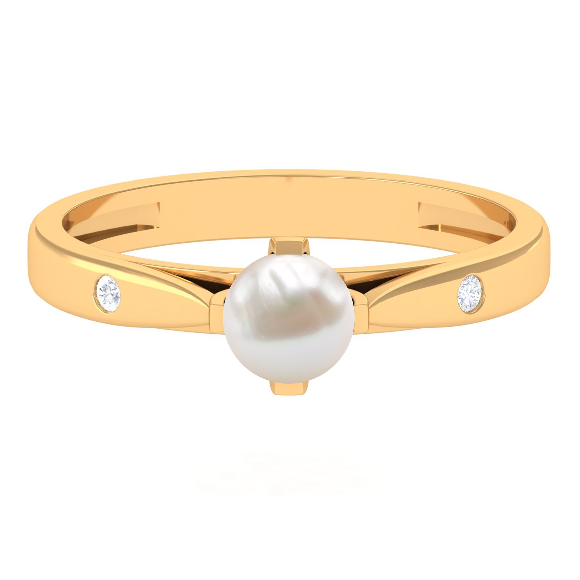 Rosec Jewels-Elegant Bead Set Freshwater Pearl Solitaire Promise Ring with Diamond