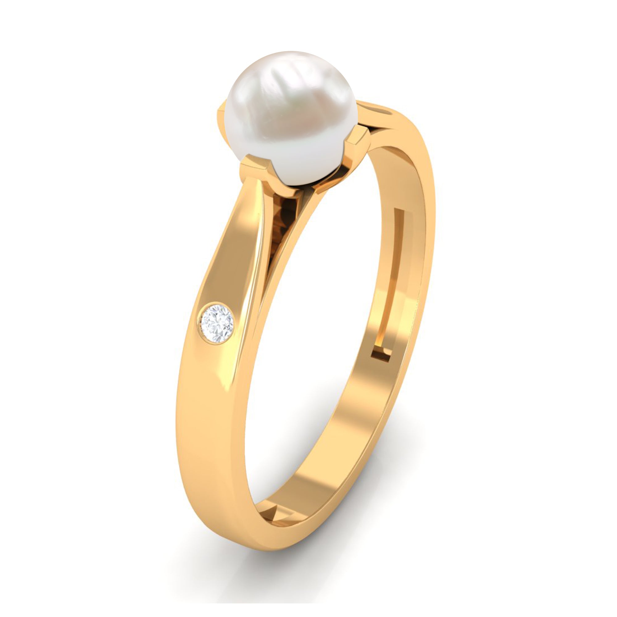 Rosec Jewels-Elegant Bead Set Freshwater Pearl Solitaire Promise Ring with Diamond