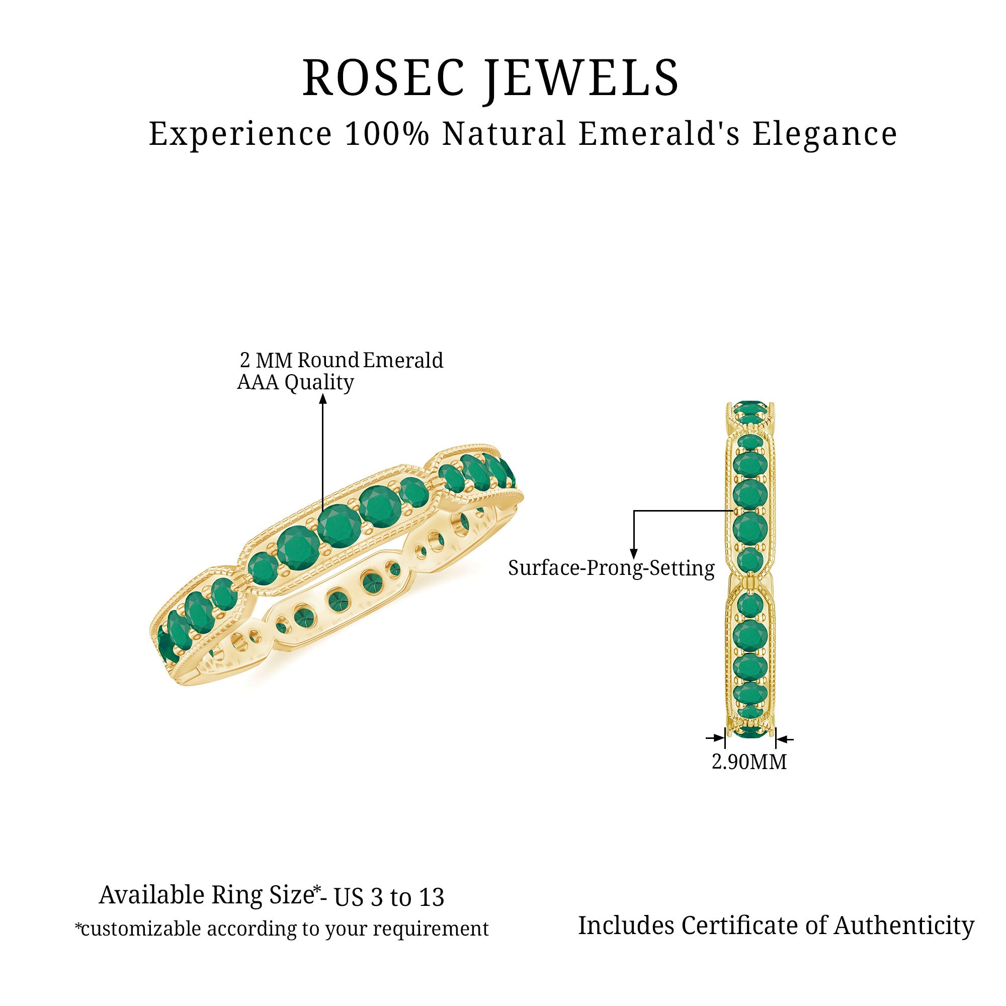 Rosec Jewels-1 CT Emerald Eternity Ring in Pin Point Setting for Women