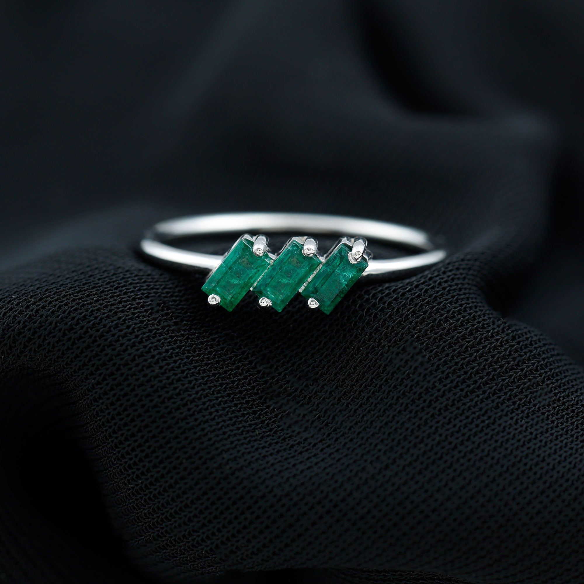 Rosec Jewels-1/2 CT Baguette Cut 2 Prong Set Emerald Three Stone Ring