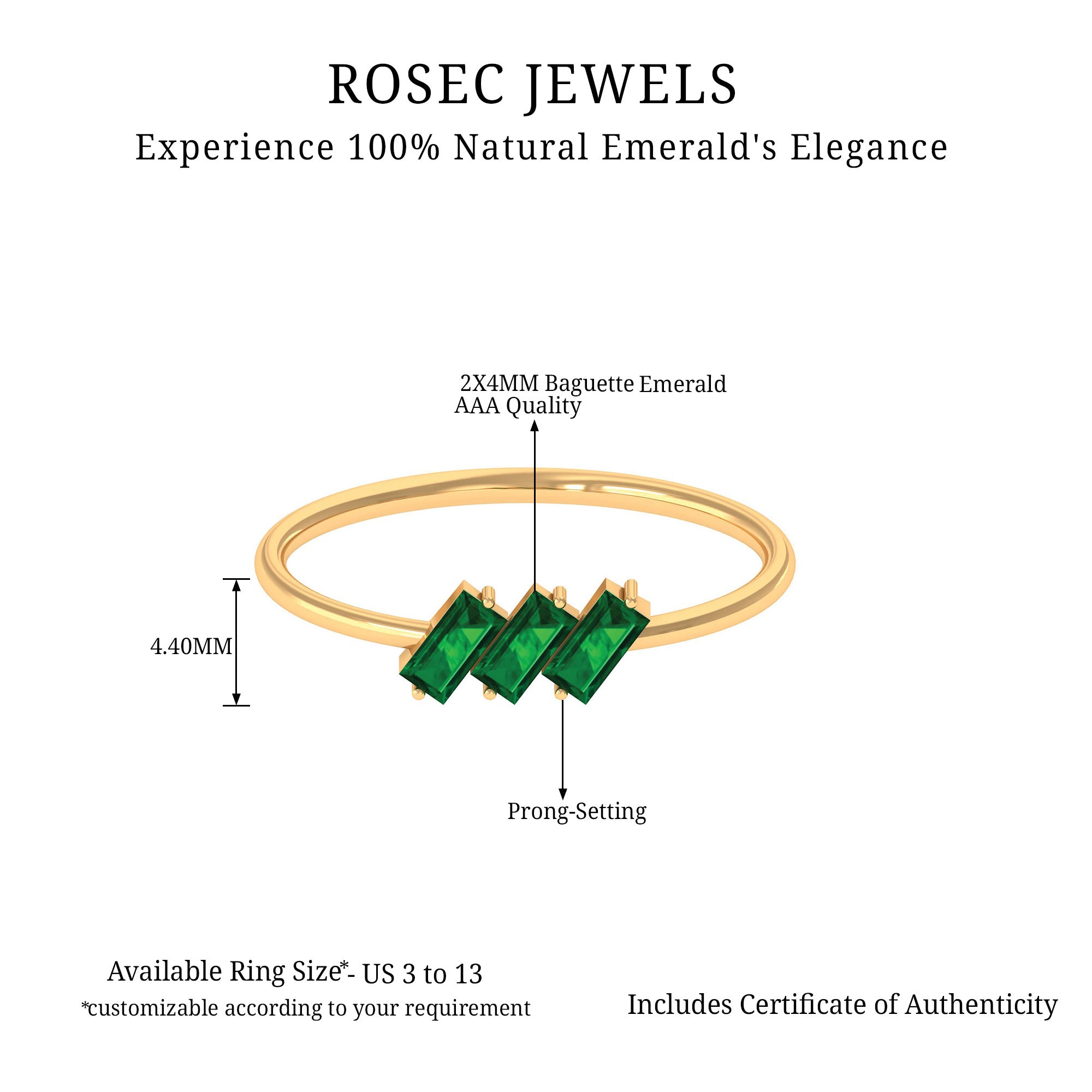 Rosec Jewels-1/2 CT Baguette Cut 2 Prong Set Emerald Three Stone Ring