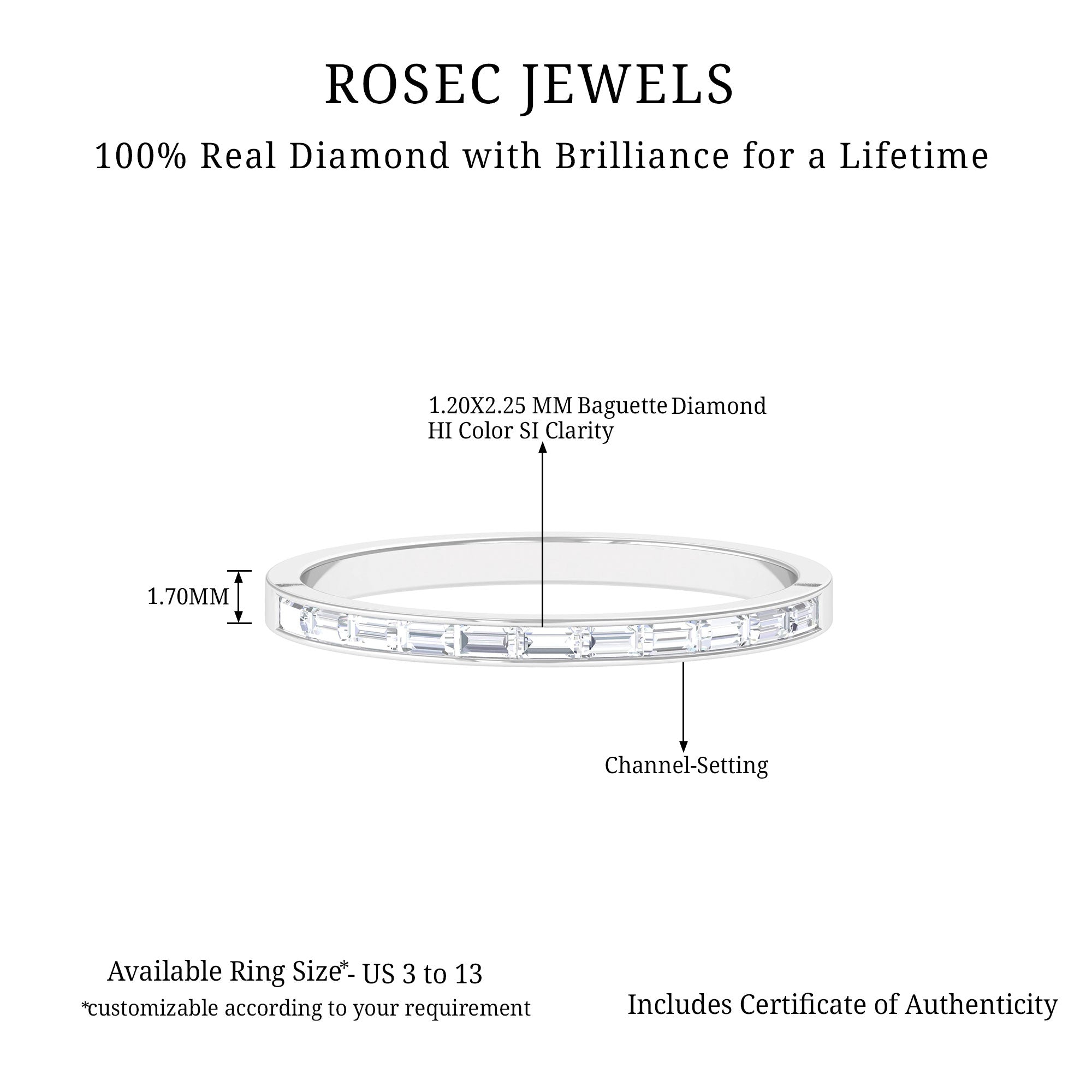 Rosec Jewels-Elegant Stackable Ring with 1/2 CT Baguette Diamond in Channel Setting